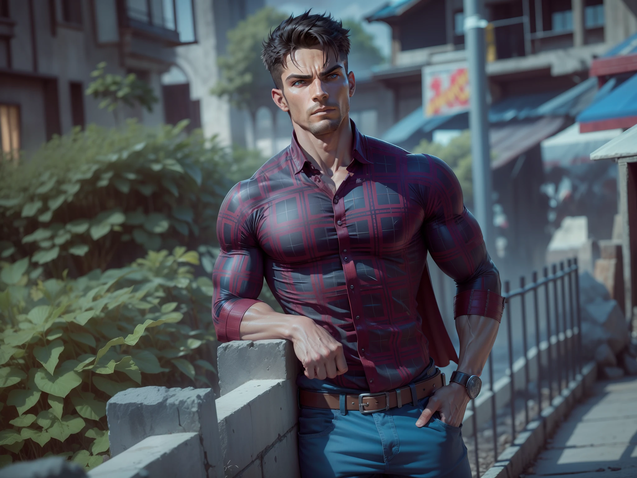 realistic hero,detailed male hero,determined expression,strong jawline,deepset eyes,firm lips,strong muscular build,bulging biceps,ripped abs,heroic stance,cape flowing in the wind,dramatic lighting,best quality,highres image,ultra-detailed,photorealistic,sharp focus,vivid colors,physically-based rendering,battle scene,epic background,smoke and fire effects,fantasy elements,magic powers,strong pose,confident expression,dark and gritty atmosphere,hero saving the day,action-packed,superhuman strength,protecting the innocent