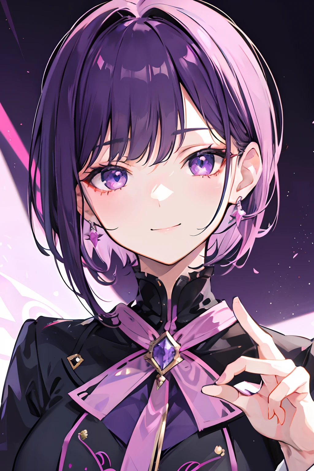 Short hair, no bangs, ponytail hairstyle, purple dark hair, pink light eyes, smile girl, cool girl, high school girl, royal, portrait, aristocratic clothes, peaceful girl
