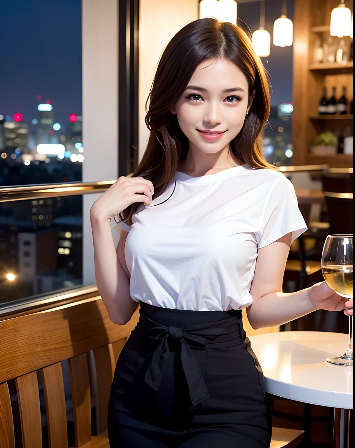 (64K, UHD, top quality, masterpiece: 1.2), (realistic, photorealistic: 1.37), super detailed, pretty woman 1 person, (slim face), (slim body), (brown hair), (short cut), cheeks slightly blushing, (44 years old), 38 years old, solo, beautiful detailed urban night view outside the window, restaurant, wine glasses sit, at night, in a prominent placeNovaFrogStyle, Actress, Model, Waist Up, White Wine, Slim, Wine Glass, Super Clean Night View, Wine Glass Put in the Middle, Happy Smile, (Smile: 1.15), Beautiful Fine Eyes, Upper Body, Bust Japan Up, Night, Short, Short, Actress, Model, Waist Up, White Wine, Slim, Wine Glass, Super Clean Night View, Wine Glass Put in the Middle, Happy Smile,
