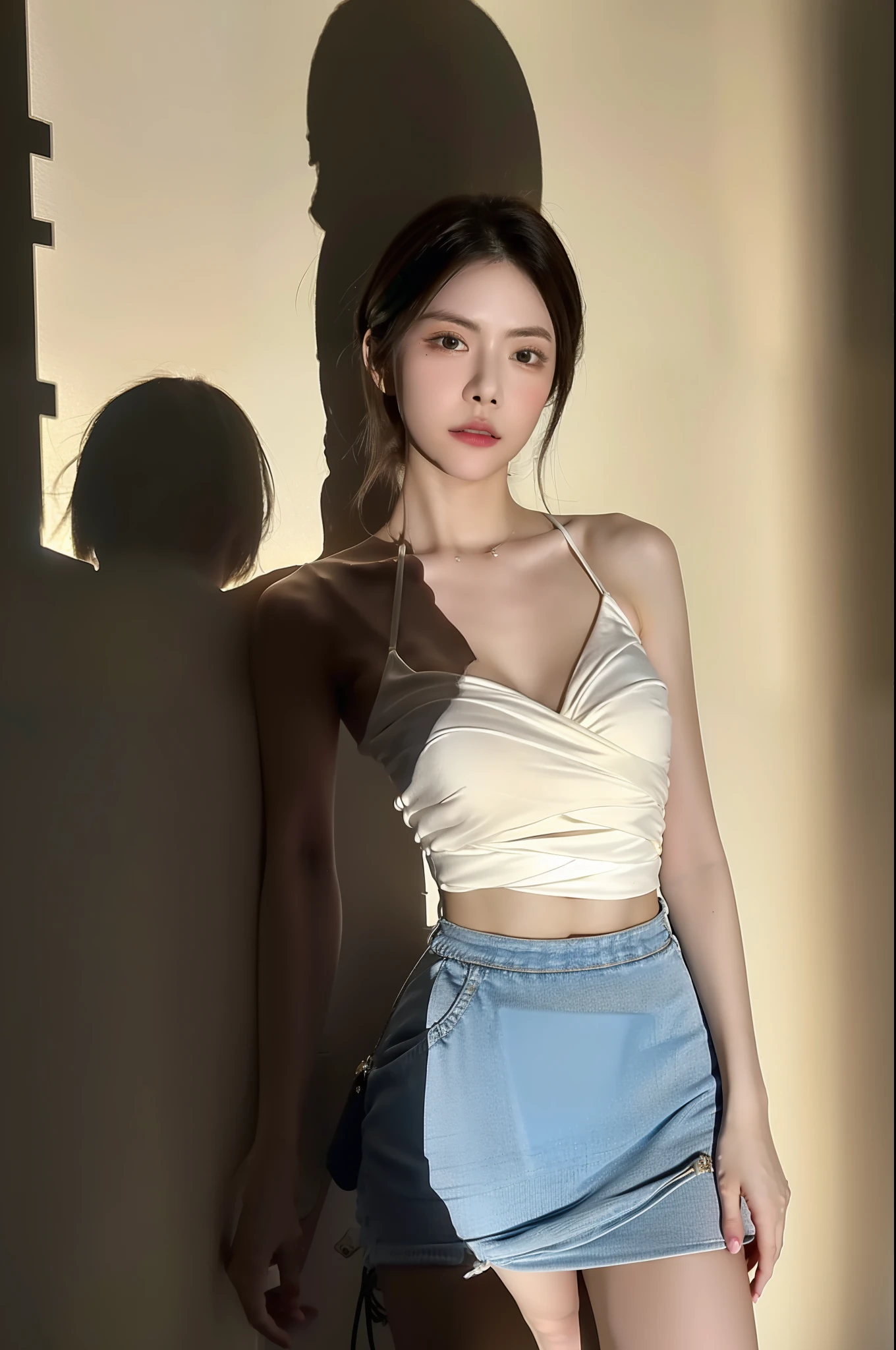 1girl,((best quality )), (masterpiece) , (realistic shadow) , ( depth of field),(sunny city background ),(highlight face detail), unparalleled masterpiece, ultra realistic 8k , perfect artwork,((perfect female figure)),mature female, milf, narrow waist, small breasts, black hair,hair pulled back, detailed skin, looking at viewer, perfect face,perfect body,photorealistic , masterpiece, 8k, high res,lens flare, soft lighting shoulder cutout,microskirt, full body,