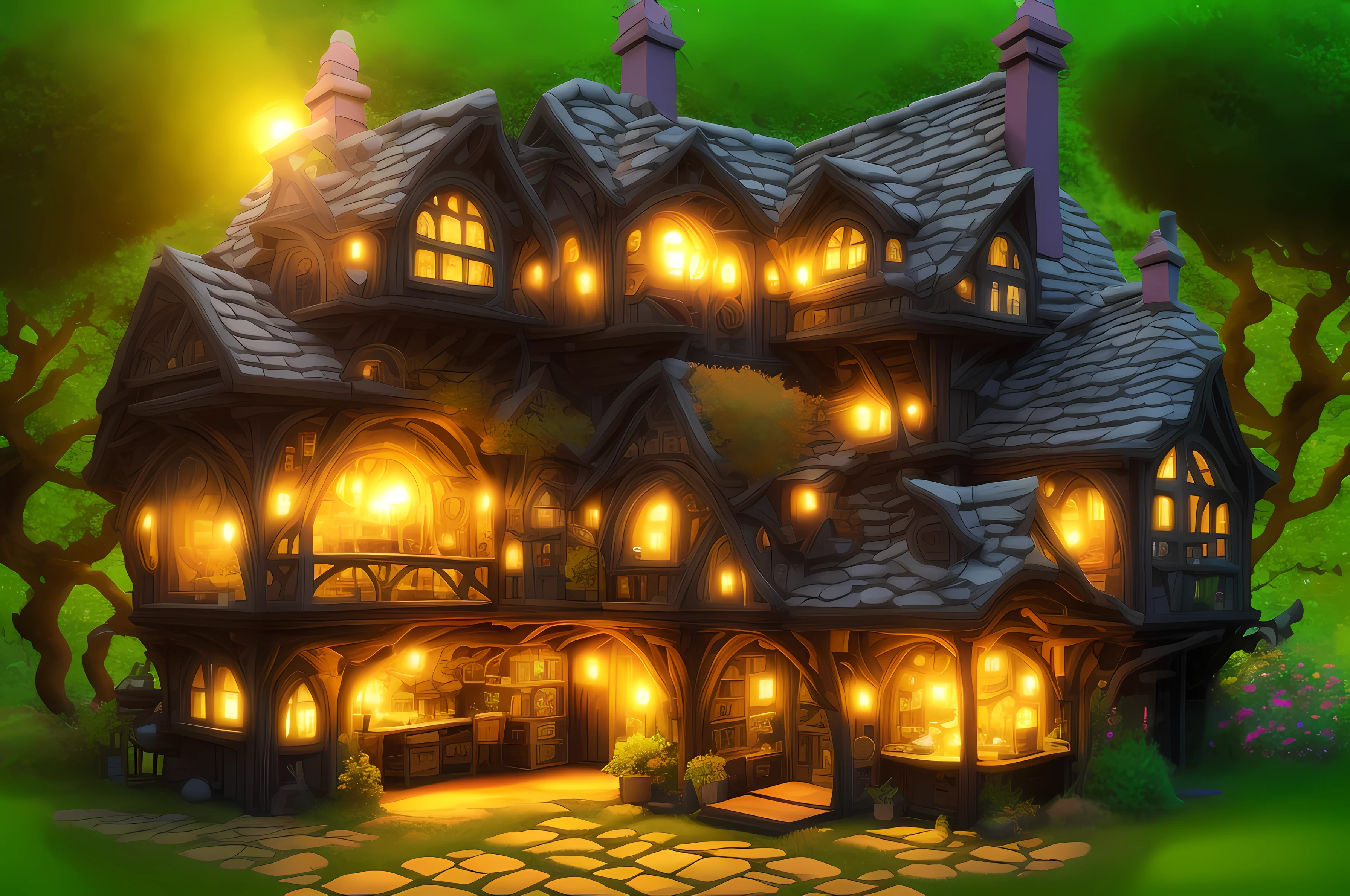 Duskamétrik equidistant section witch's cottage,Magic pot,Bubbling magic liquid,black cats,broom, Incredibly detailed background bokeh edge lighting,Courtesy of Duska Metric
