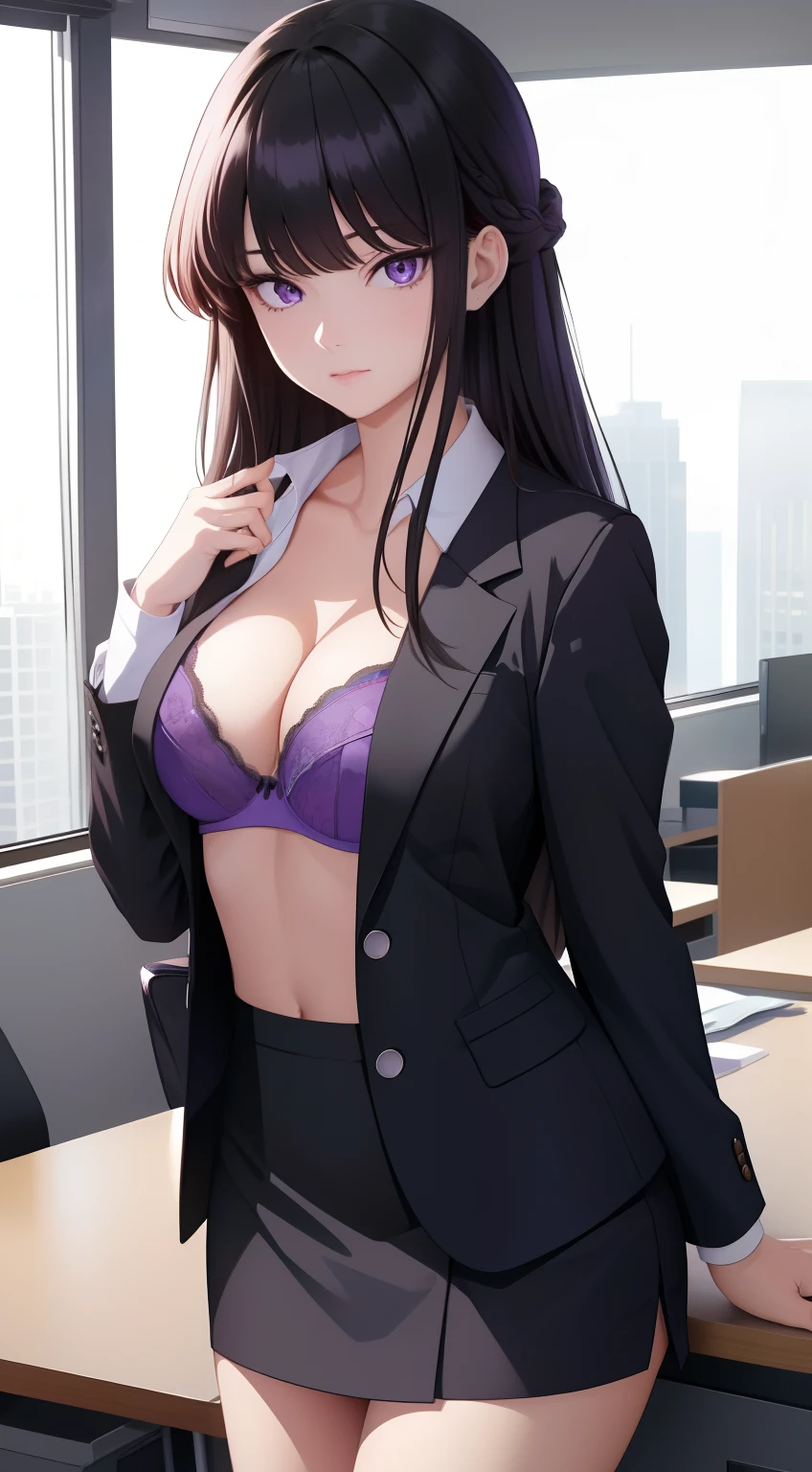 (Best Quality:1.1), (masutepiece:1.2), High quality shadows, Beautiful detailed, Beautiful face, Detailed eyes, depth of fields, hight resolution, Best Shadow, Best Illumination, 1girll, view the viewer, Black hair, Blunt bangs, Long hair, Purple eyes, Shy, Large breasts, Miniskirt, Blouse, Blazer, pump, Office Lady, cleavage、In the office、（Shirt open and bra exposed、Purple Bra:1.7）