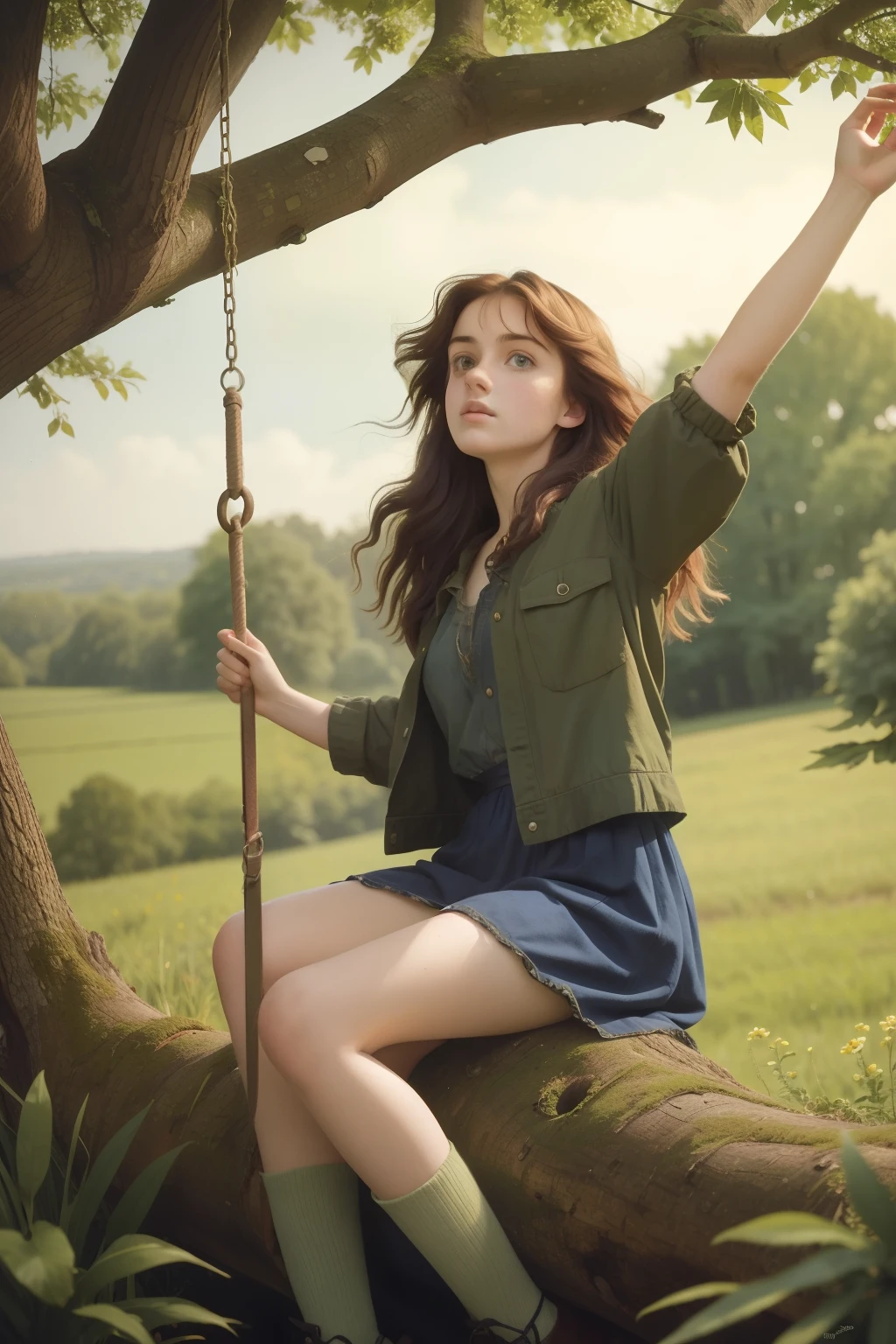 Date: 1997
Description:
Marry the Pre-Raphaelite fascination with nature to a teenage girl, clad in '90s grunge attire, as she fearlessly swings from an old oak tree amidst a serene countryside, her hair and clothing contrasting with the lush greenery.