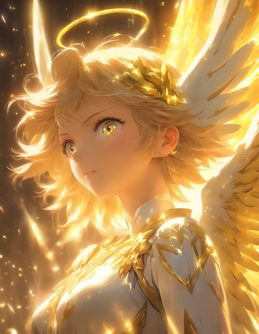 masterpiece, best quality, absurdres, (mature female), tall female, 1girl, solo, yellow eyes, looking at viewer, noble expression, angel attire, white attire, halo, full body, sparkles, glowing, side lighting, volumetric lighting, portrait, blurry background, isolated, Illuminated
