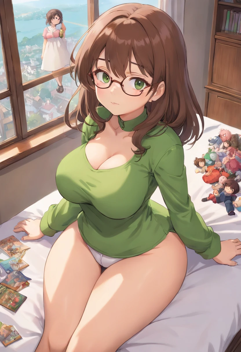 Giantess Girl standing with her dolls, green shirt, white bottoms looking down, smug, brown hair, blushing, busty, in bed, , cute, messy hair, on kness, cleavage window, anime, busty, sexy, big boobs, petite, cute, glasses, playful, smug, long legs, tight clothes, thighhighs, big boobs, hot, anime, studio ghibli, growing, oversized clothes, laying down, hand on breast, dolls, looking down, giantess, size difference, huge girl