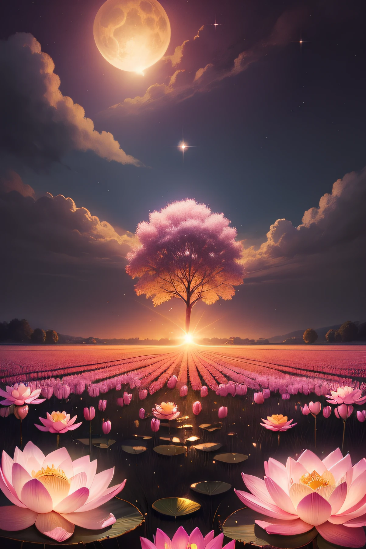 pink lotus field under the big golden moonlight, sparkling, soft lights, fantasy