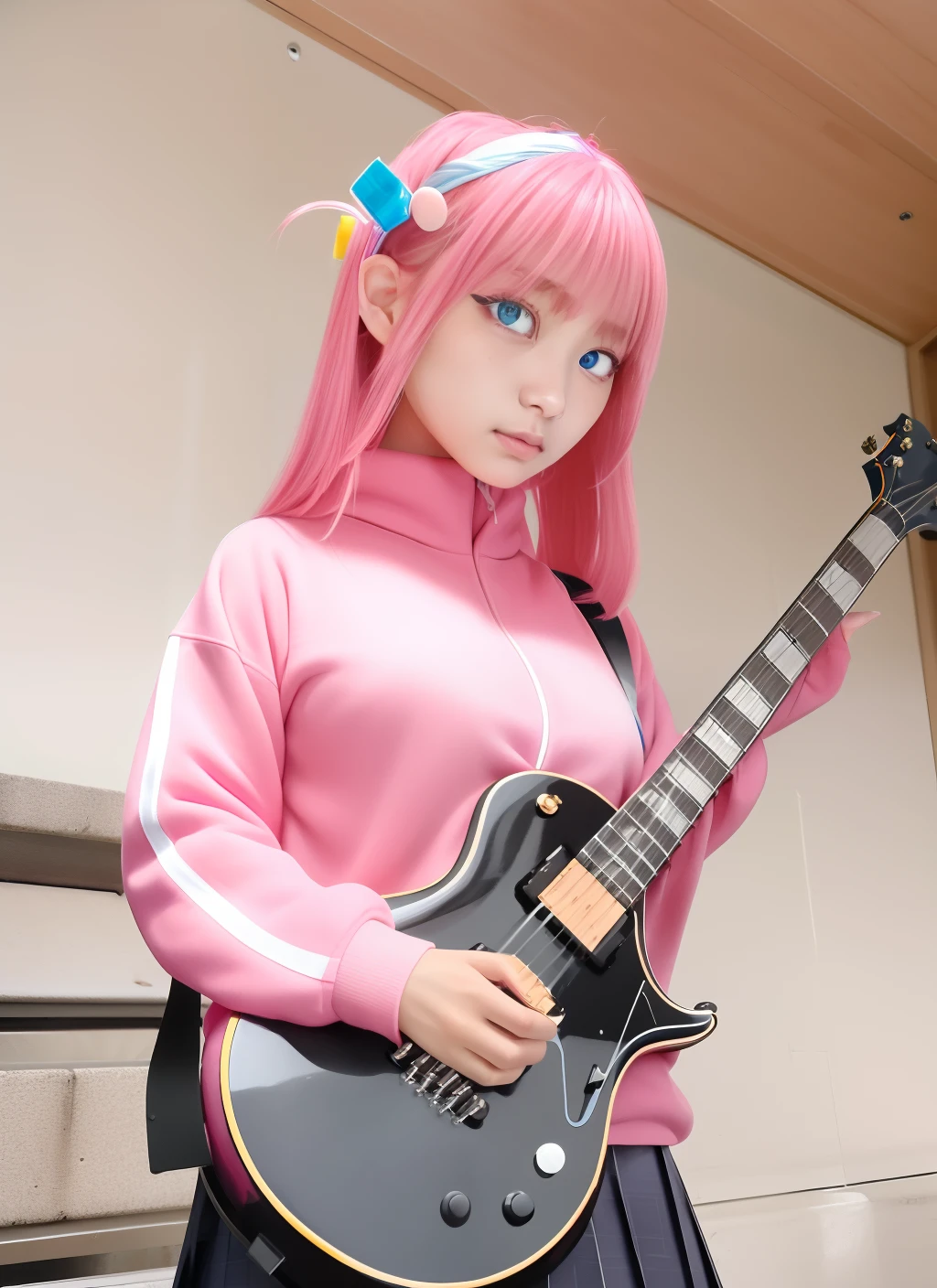 Holding a guitar、A MILF、30-years old、Lateral face,1girl in,gotou hitori,((cube hair ornament)),Solo,Pink hair,Blue eyes,plein air,On the stairs,Guitar,masutepiece, medium breasts⁩,(pink track jacket:1.1025), Black pleated skirt,Photorealsitic, hight resolution, 1 rapariga, Korea person, Heterochromia eyes, small moles under eyes,