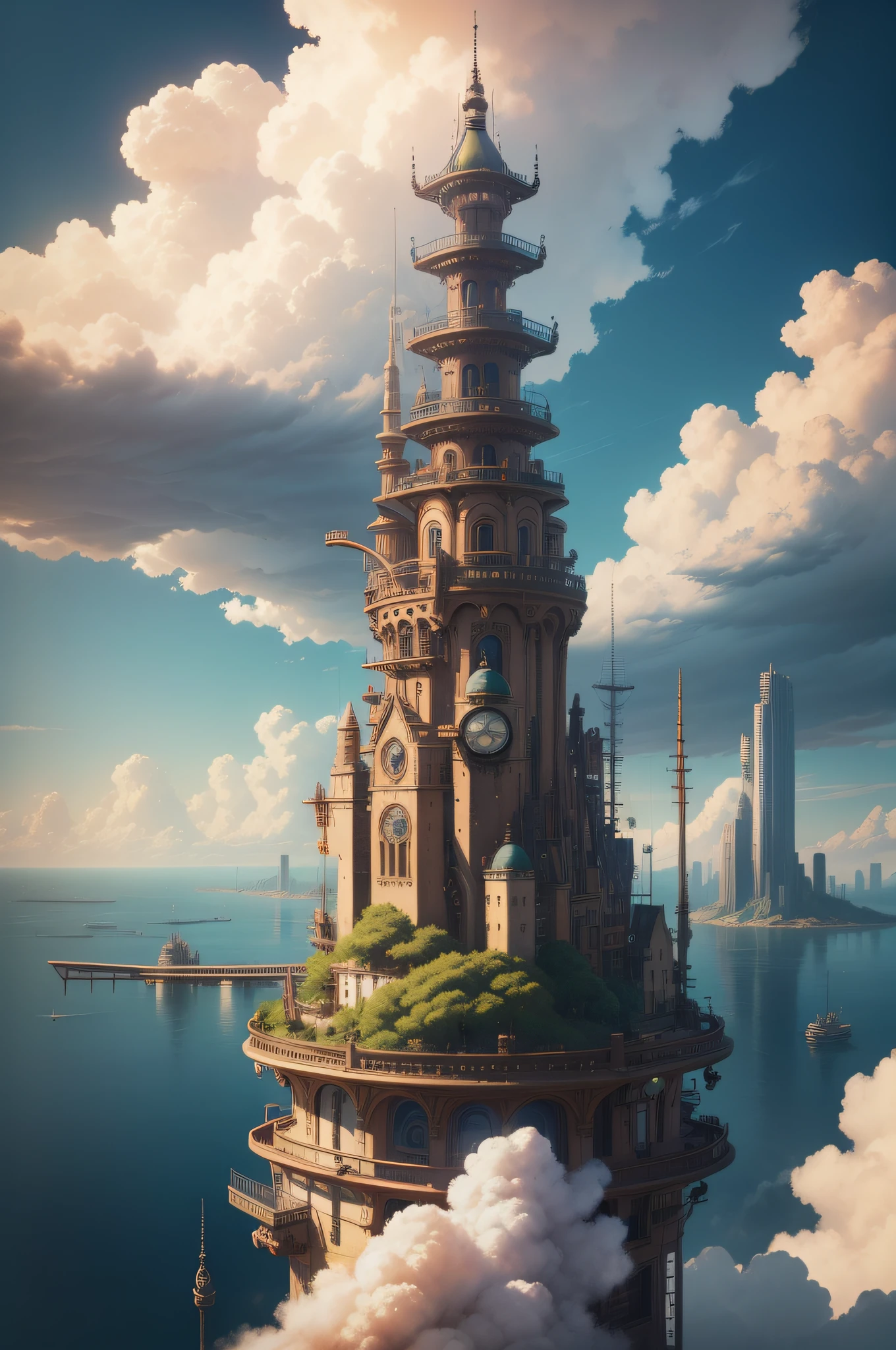 Super detail, High details, High quality, 8K, Miyazaki style, A steampunk-style city floating in the sky, Cloud and diverse architecture, Exudes mystery and technology - V 6