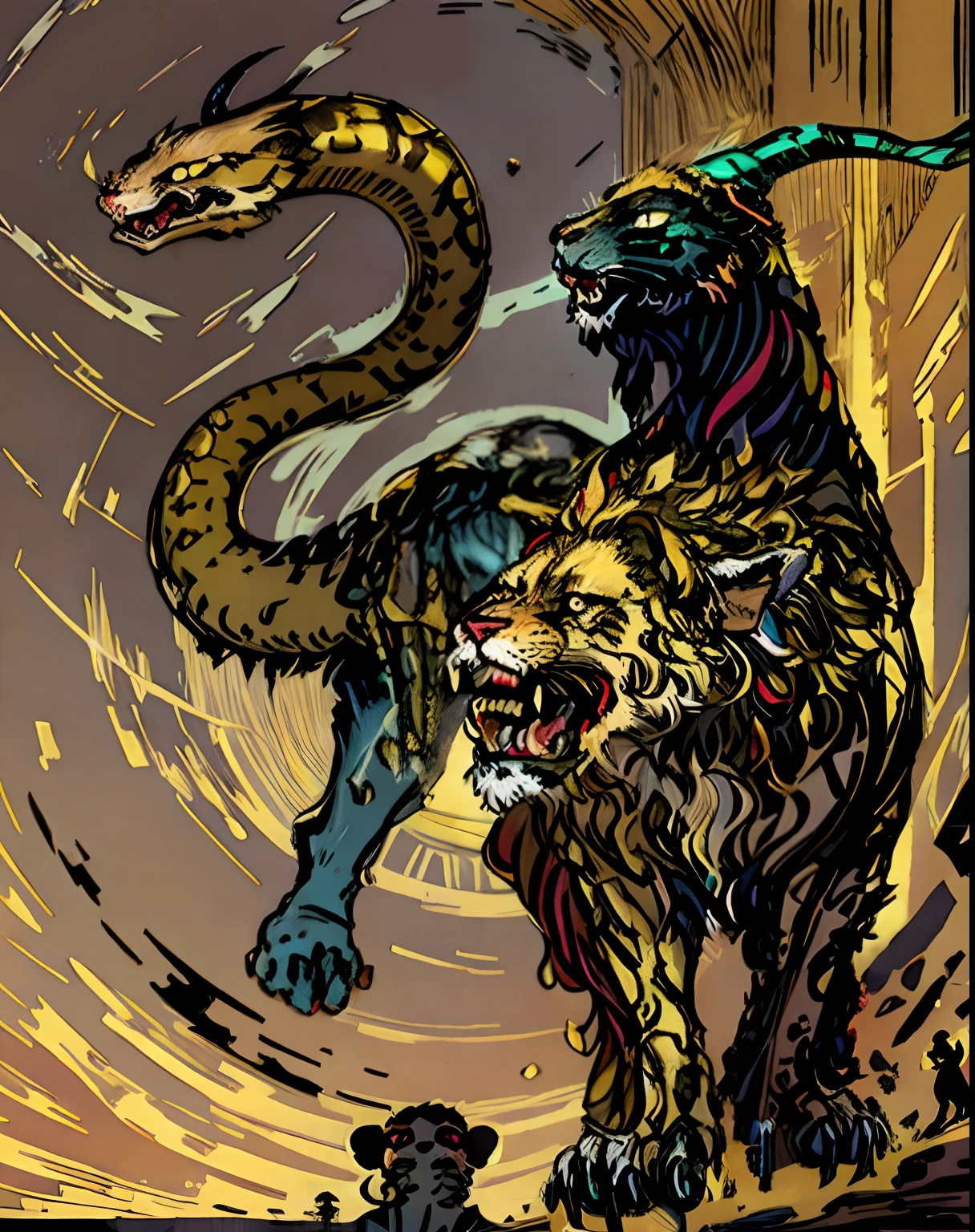 A greek chimera with the classic lion goat and snake heads