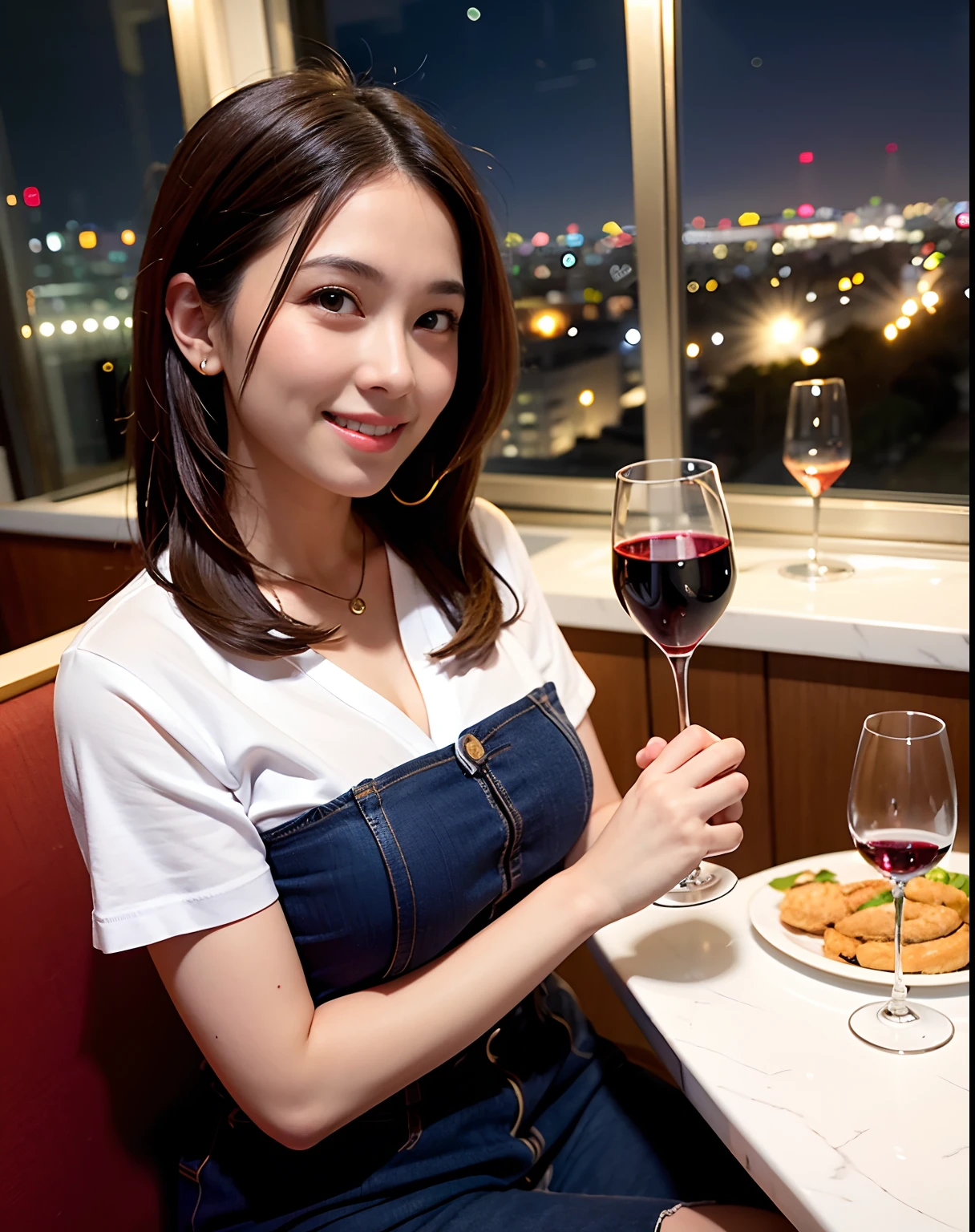(64K, UHD, top quality, masterpiece: 1.2), (realistic, photorealistic: 1.37), super detailed, pretty woman 1 person, (slim face), (slim body), (brown hair), (short cut), cheeks slightly blushing, (44 years old), 38 years old, solo, beautiful detailed urban night view outside the window, restaurant, wine glasses sit, at night, in a prominent placeNovaFrogStyle, Actress, Model, Waist Up, White Wine, Slim, Wine Glass, Super Clean Night View, Wine Glass Put in the Middle, Happy Smile, (Smile: 1.15), Beautiful Fine Eyes, Upper Body, Bust Japan Up, Night, Short, Short, Actress, Model, Waist Up, White Wine, Slim, Wine Glass, Super Clean Night View, Wine Glass Put in the Middle, Happy Smile,