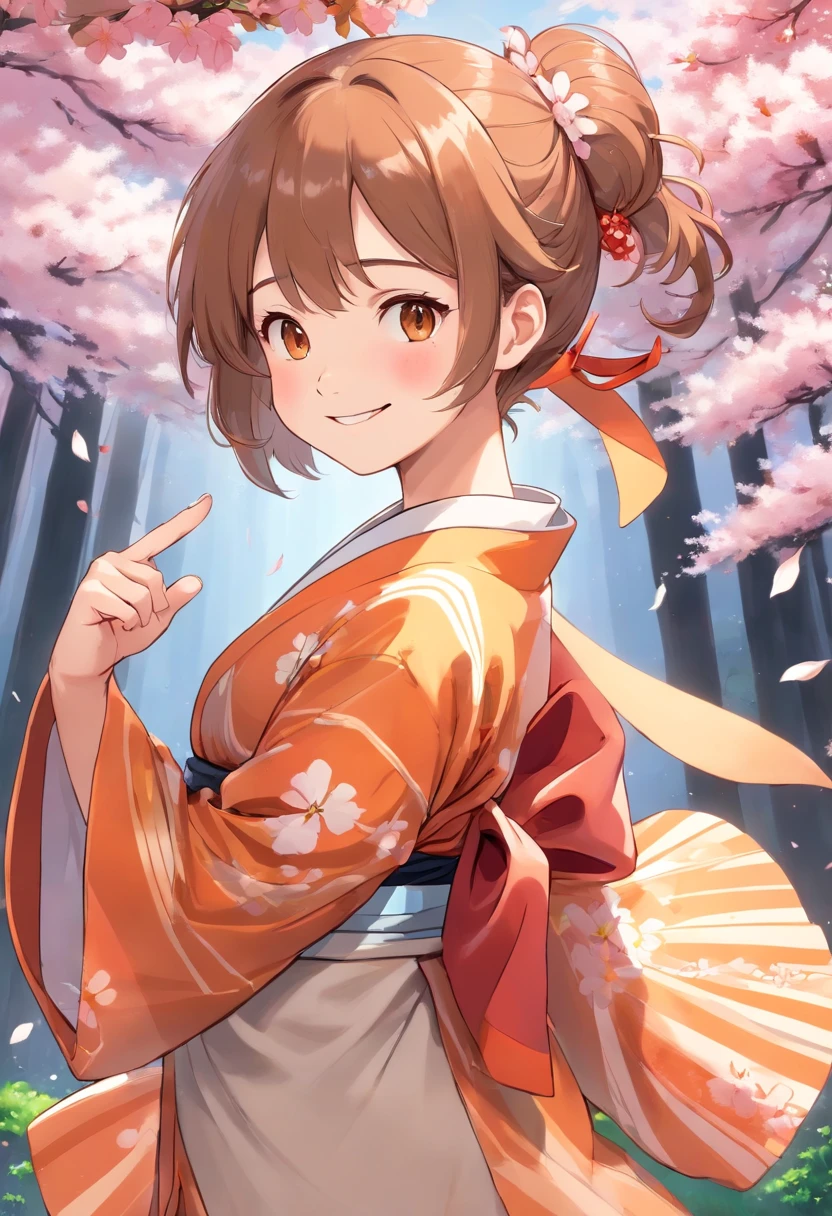 Add a motion blur effect to simulate motion,hight resolution,Girls Elegant Kimono,Floral kimono on shiny fabric,Ponytail,flying hair,extremely delicate and beautiful face,Cherry Blossom Hair Ornament,Dance a fierce Japan dance at,Under the cherry blossoms with fluttering petals,Spread your arms、Place one hand in front of you,Beautiful hands,Beautiful Finger,Full body shot,Glossy light brown and orange striped shorthair,Cute smile,Perfect round face,A cheerful smile that makes the viewer happy,Proper body proportion,Beautiful hands,Beautiful fingers,Detailed finger features,detailed clothes features,Detailed hair features,detailed facial features,