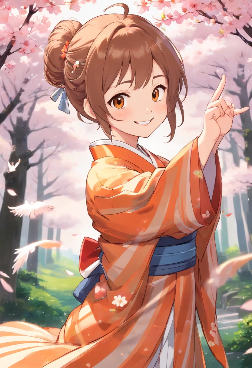 Add a motion blur effect to simulate motion,hight resolution,Girls Elegant Kimono,Floral kimono on shiny fabric,Ponytail,flying hair,extremely delicate and beautiful face,Cherry Blossom Hair Ornament,Dance a fierce Japan dance at,Under the cherry blossoms with fluttering petals,Spread your arms、Place one hand in front of you,Beautiful hands,Beautiful Finger,Full body shot,Glossy light brown and orange striped shorthair,Cute smile,Perfect round face,A cheerful smile that makes the viewer happy,Proper body proportion,Beautiful hands,Beautiful fingers,Detailed finger features,detailed clothes features,Detailed hair features,detailed facial features,
