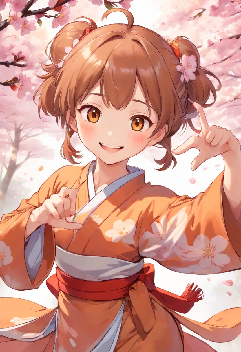 Add a motion blur effect to simulate motion,hight resolution,Girls Elegant Kimono,Floral kimono on shiny fabric,Ponytail,flying hair,extremely delicate and beautiful face,Cherry Blossom Hair Ornament,Dance a fierce Japan dance at,Under the cherry blossoms with fluttering petals,Spread your arms、Place one hand in front of you,Beautiful hands,Beautiful Finger,Full body shot,Glossy light brown and orange striped shorthair,Cute smile,Perfect round face,A cheerful smile that makes the viewer happy,Proper body proportion,Beautiful hands,Beautiful fingers,Detailed finger features,detailed clothes features,Detailed hair features,detailed facial features,