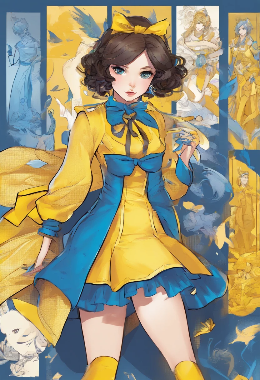 A girl in a yellow blue skin dress and black thin stockings, standing, Cute girl characters, comic digital art