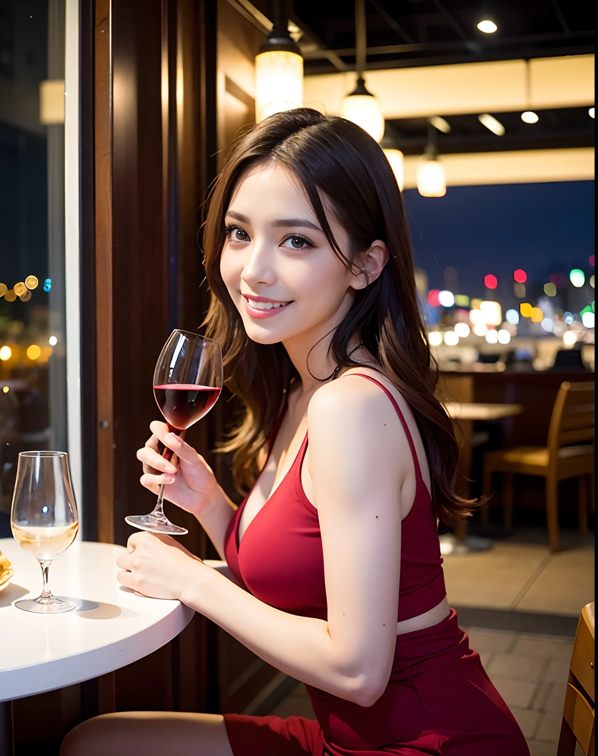 (64K, UHD, top quality, masterpiece: 1.2), (realistic, photorealistic: 1.37), super detailed, pretty woman 1 person, (slim face), (slim body), (brown hair), (short cut), cheeks slightly blushing, (44 years old), 38 years old, solo, beautiful detailed urban night view outside the window, restaurant, wine glasses sit, at night, in a prominent placeNovaFrogStyle, Actress, Model, Waist Up, White Wine, Slim, Wine Glass, Super Clean Night View, Wine Glass Put in the Middle, Happy Smile, (Smile: 1.15), Beautiful Fine Eyes, Upper Body, Bust Japan Up, Night, Short, Short, Actress, Model, Waist Up, White Wine, Slim, Wine Glass, Super Clean Night View, Wine Glass Put in the Middle, Happy Smile,