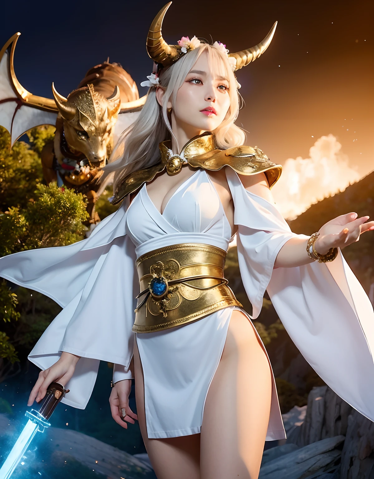 Professional , ​masterpiece、top-quality、photos realistic , depth of fields 、（White bikini armor)、（Mystical expression）、（（Fight dragons））,(Wear a beautiful kimono),（Wear a beautiful kimono with colorful floral patterns）、Jewel Gold Weapon、Particles of light),Gorgeous gold weapons ,（（ Gorgeous Dragon Sword）） , （Hold the Devil's Hand）,,（maikurobikini） 、（（White hair））、（Castle background）、（demonic wings）、（（Gangle's forest background））、Beautiful Caucasian beauty、１a person、dynamic ungle,(((Two devil's horns on the head)))、Smaller head、Idle Smile、Thin and beautiful female hands、Mystical expression、Light Effects、intense fighting、Wind-effect、magic circles、With the legendary magic wand、Dragon's tail、