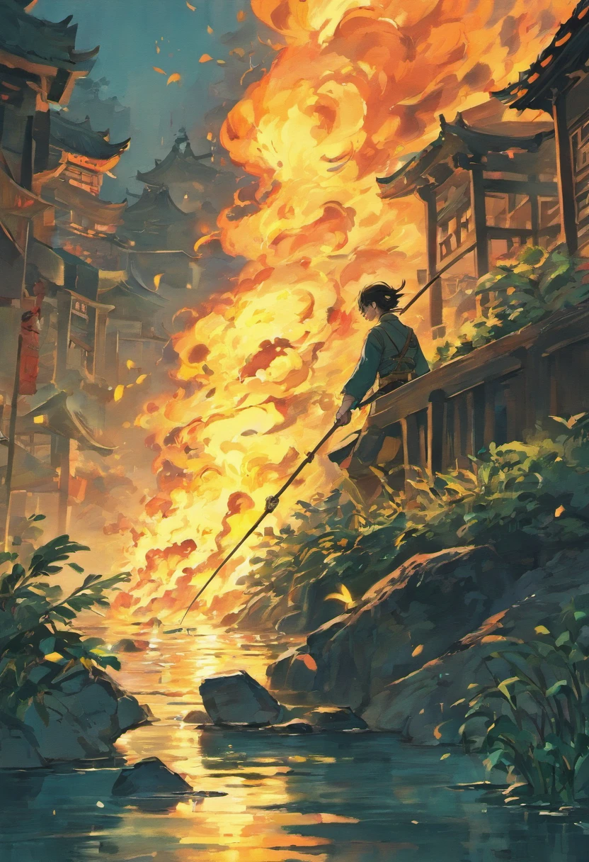 Chinese style，Ink style boy，Looking at the fishing fire by the river