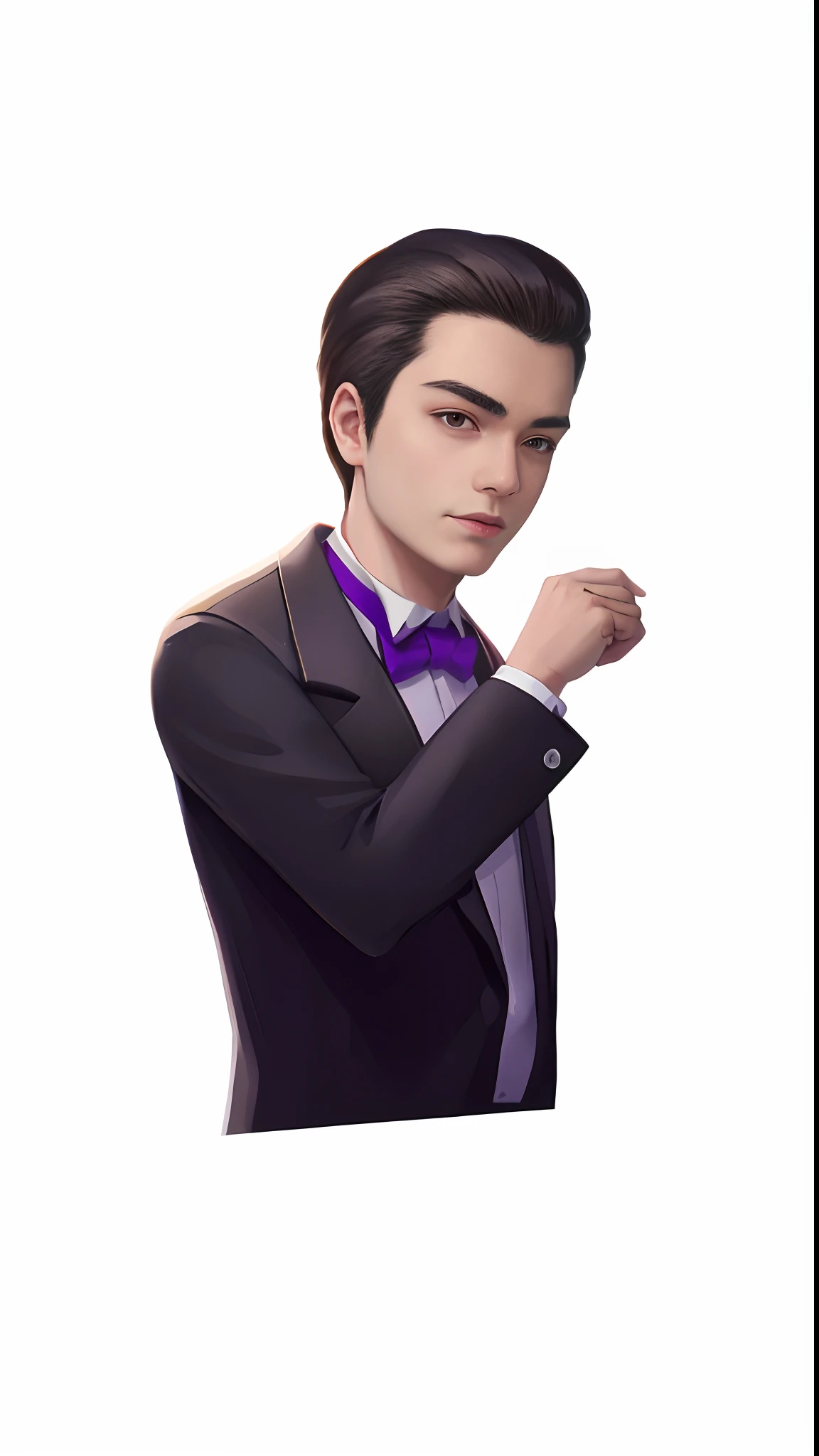A close-up of a man in a suit and tie pointing to something, stylized portrait formal pose, inspired by Hisui Sugiura, inspired by Jang Seung-eop, handsome stunning realistic, inspired by Ding Yunpeng, inspired by Sim Sa-jeong, inspired by Byeon Sang-byeok, Inspired by Zhang Han, gta chinatowon art style