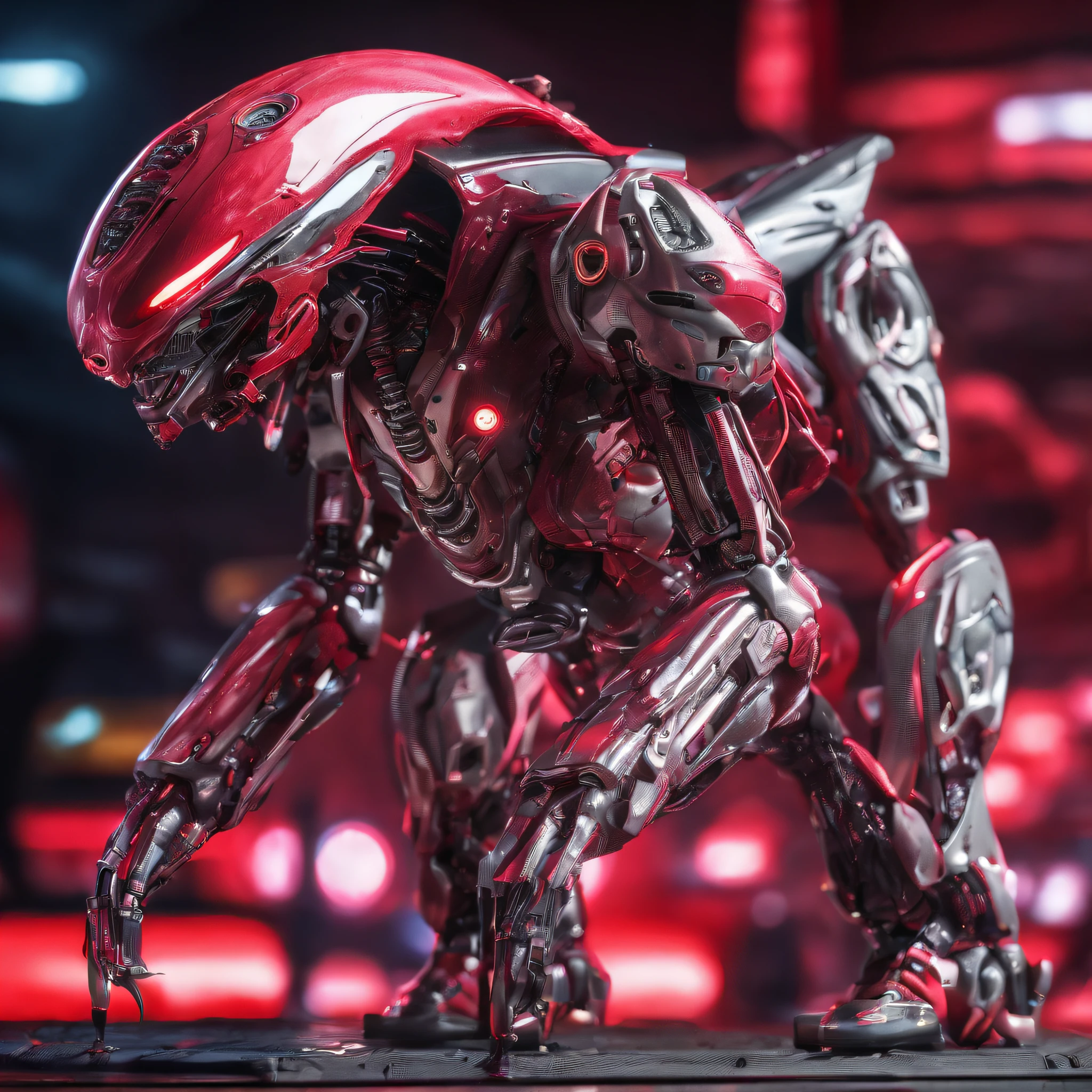 An alien,full bodyesbian,Humanoid,mechs,(Wearing a crimson zirconia ceramic surface mech:1.5),(((Hard surface properties))),(((streamlined line design))),It has refined features in a sci-fi environment,with light glowing, Sparks and lights, best qualtiy,tmasterpiece,Photorealsitic, Highly detailed, iintricate,unreal 5 render,
