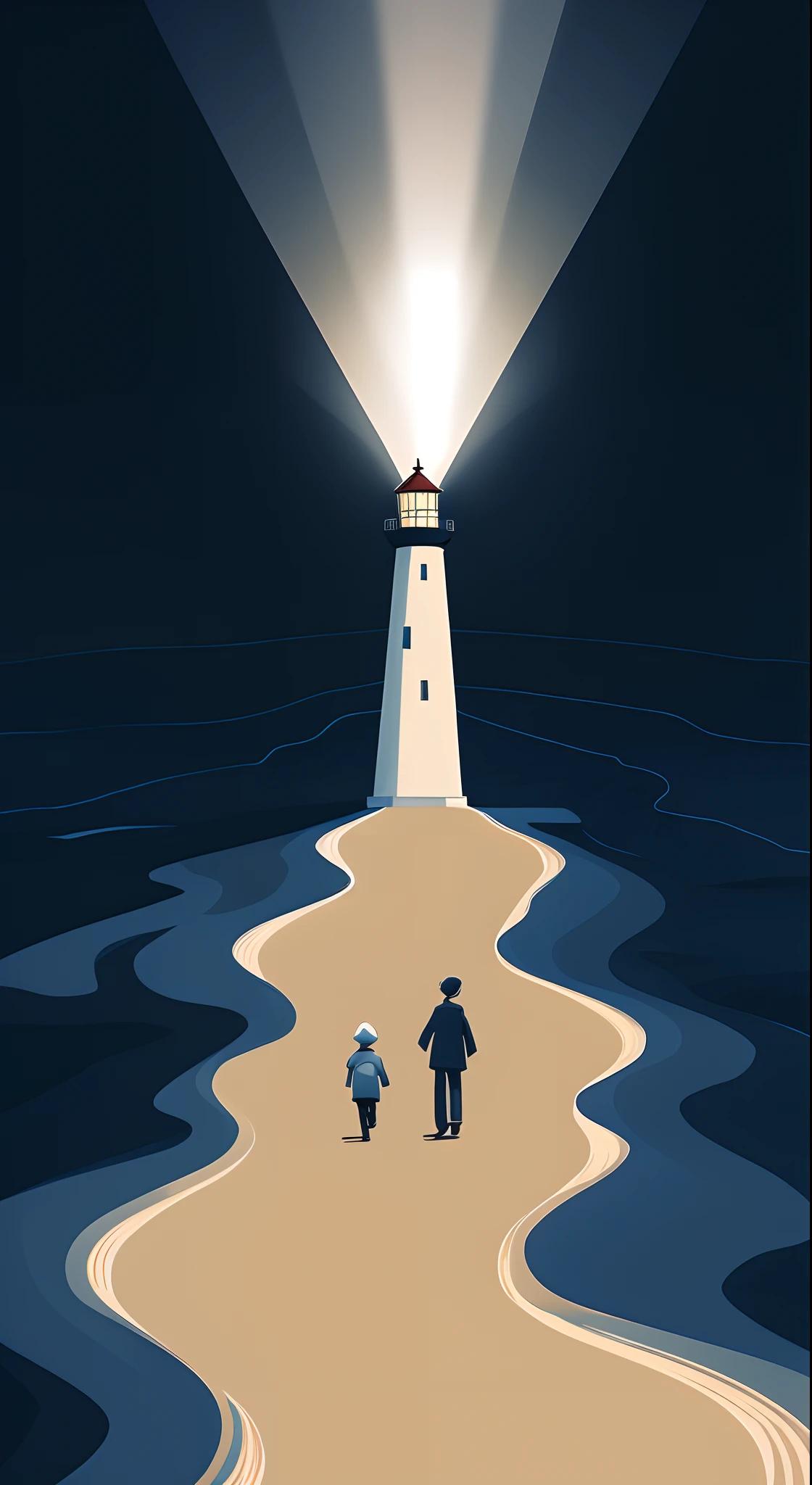 There is a boy and a walking on the beach near the lighthouse, Stylized digital illustration, author:Ivan Generalić, Inspired by Quint Buchholtz, author:Thomas Dazier, inspired by Emiliano Ponzi, Concept illustration, Inspired by Rockwell Kent, inspired by Charles Addams, lighthouse, lighthouse, author:Matthew S. Wilson,(Lighthouse detail optimization:1.3)