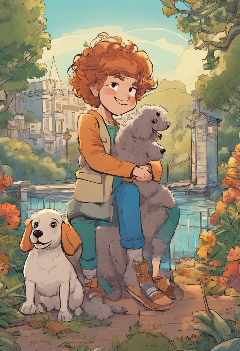 A boy and a girl，Holding a gray poodle and a brown noble dog，comic digital art