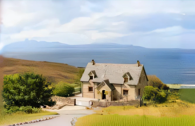 Alafed House on a hill overlooking the sea and the road, idyllic cottage, Rustic stone cabin on the horizon, cottage, Greig Fraser, scottish, in scotland, by John Murdoch, cottagecore, Edward Clark, an abandoned, former, cottage, small cottage in the foreground, Far View, by John Bourne, Max Prentiss, Sharan Dabar
