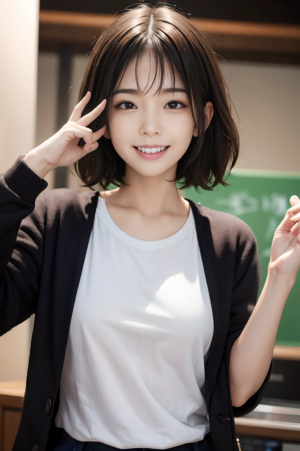 (((:1.3)))、Smile full of happiness、dark brown short  hair、Expression in a state of excitement、Lacking、panting、pubick hair