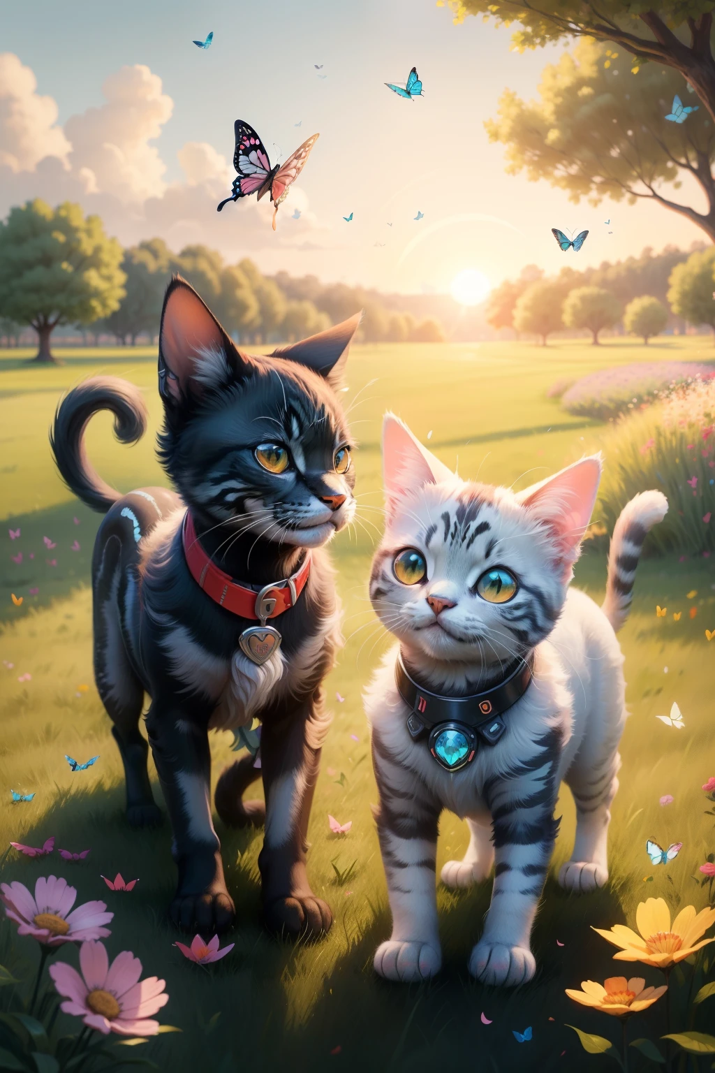 Smart AI cat - gray, Smart AI Dog - Ash,Chase butterflies, Play on the grass, Get to know each other, Love, print, regionalism, Pablo picasso, The love story of Ash and Mo, Butterfly dreams, Sunset romance, First encounter, Chase butterflies, Playful moments on the grass, Soft light, prime time