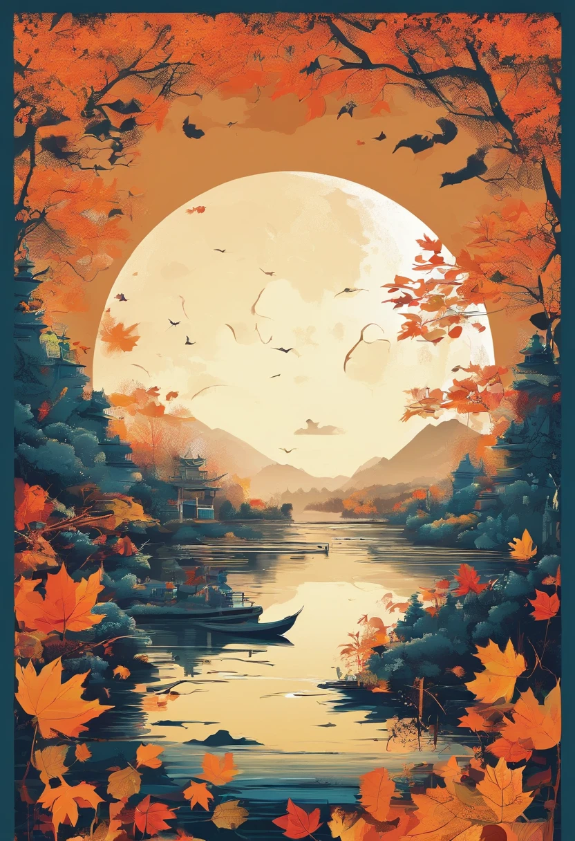 Posters for autumn festivals have temples、The moon is in the sky、Atmospheric scenery in light yarn、Romantic illustration、precisionist art、Traditional color scheme