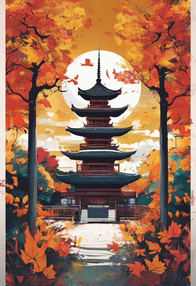 Posters for autumn festivals have temples、The moon is in the sky、Atmospheric scenery in light yarn、Romantic illustration、precisionist art、Traditional color scheme