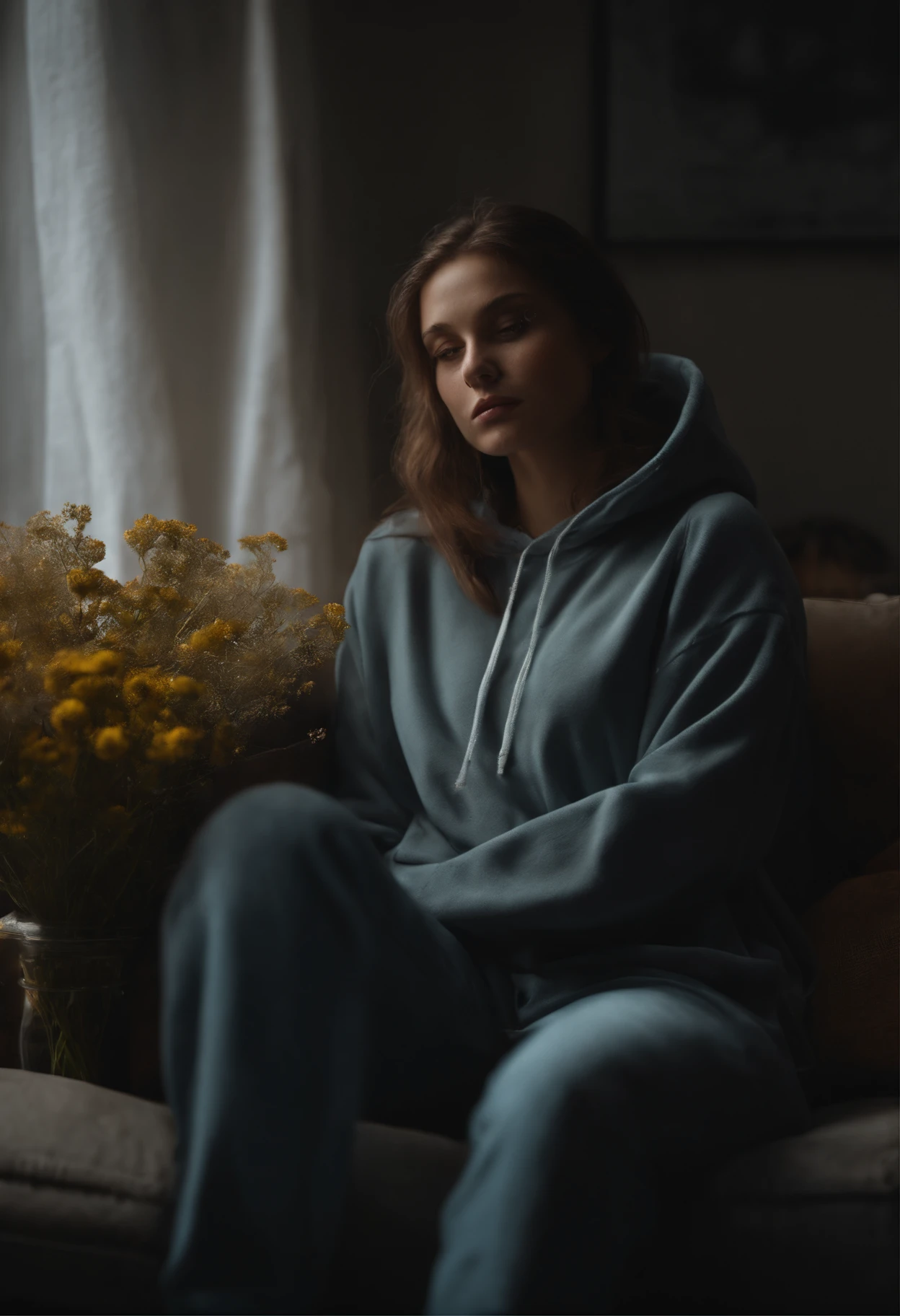 (Best Quality,4k,8K,hight resolution,Masterpiece:1.2),Ultra-detailed,Photorealistic:1.37,depression,portrai,Sadness,hopelessness,loneliness,Tears,Emotional pain,abstract expressionism,Muted colors,soft-lighting,reflection,incoherent,Faded flowers,melancholy,dark shadows,despair,Empty room,loneliness,Heavy heart,coldness,fatigue,Expressive brush strokes,suffering,The Whispering Wind,Shattered dreams,Sunken eyes,Faded smiles,nostalgia,Aching soul,Obsessive beauty,aches in the heart,Deep thoughts. Girl in an oversized hoodie sitting on the couch
