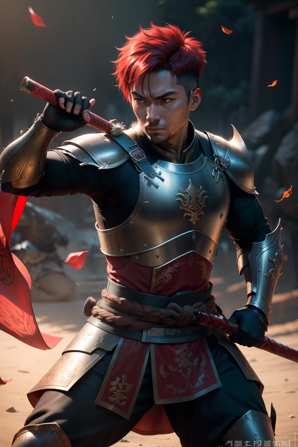 athletic man,chinese heritage,short red hair,dressed in samurai breastplate,wields a katana,longbow on back,blacksmith,(best quality,4k,8k,highres,masterpiece:1.2),ultra-detailed,(realistic,photorealistic,photo-realistic:1.37),portrait,concept artist,traditional chinese colors,studio lighting,sharp focus,vivid colors,metal armor,lush background,detailed engraving on armor,confident expression,radiant reds,warrior,classical pose,stoic demeanor,martial arts stance,minimalist composition,positional lighting,dynamic action,emotionally intense,exquisite craftsmanship,heroic figure,mysterious aura,traditional calligraphy,stern gaze