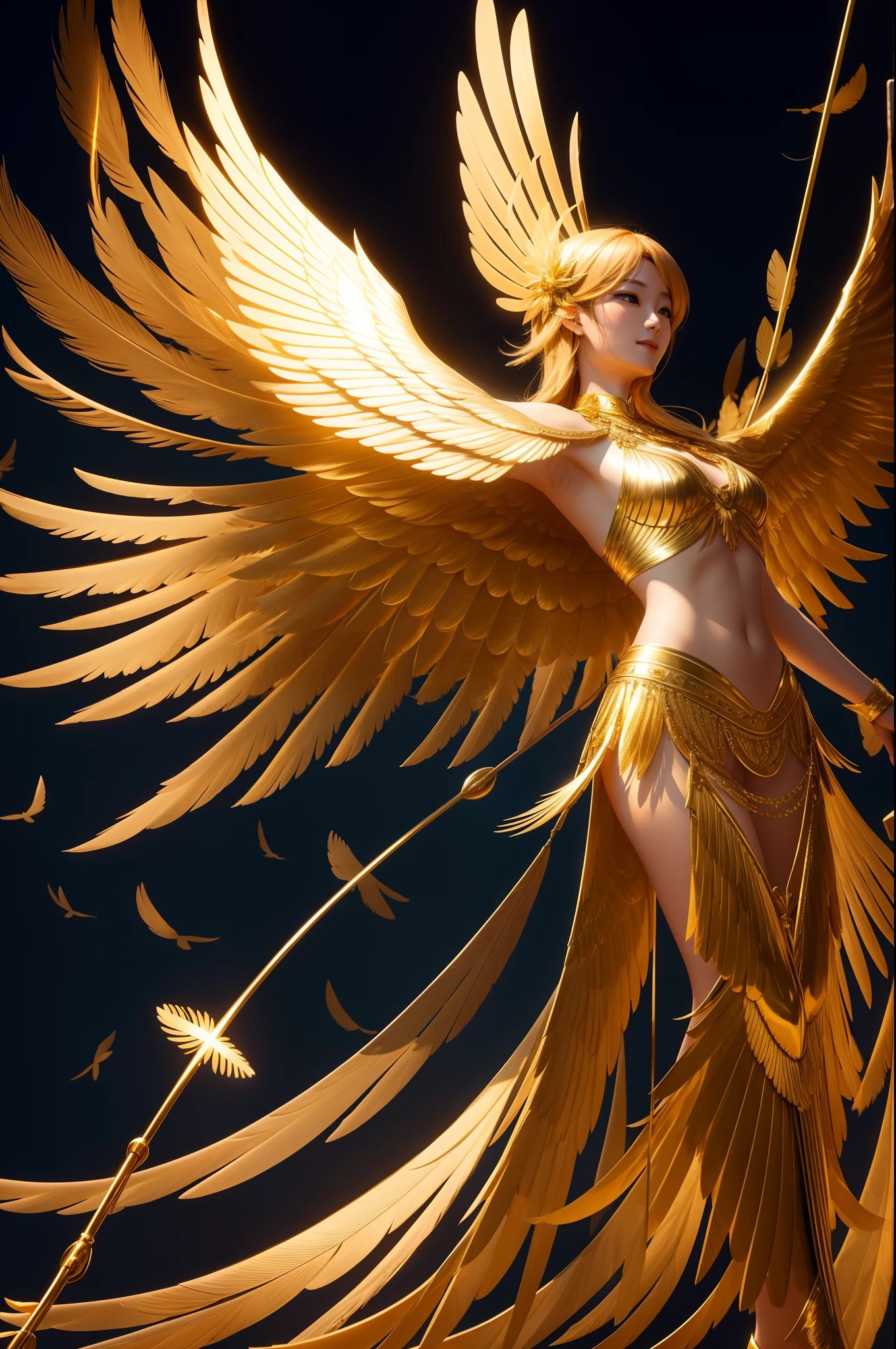 ((Brilliantly shining))、Golden body、Spreading feathers that shine in gold、crows、lead、Messenger of God