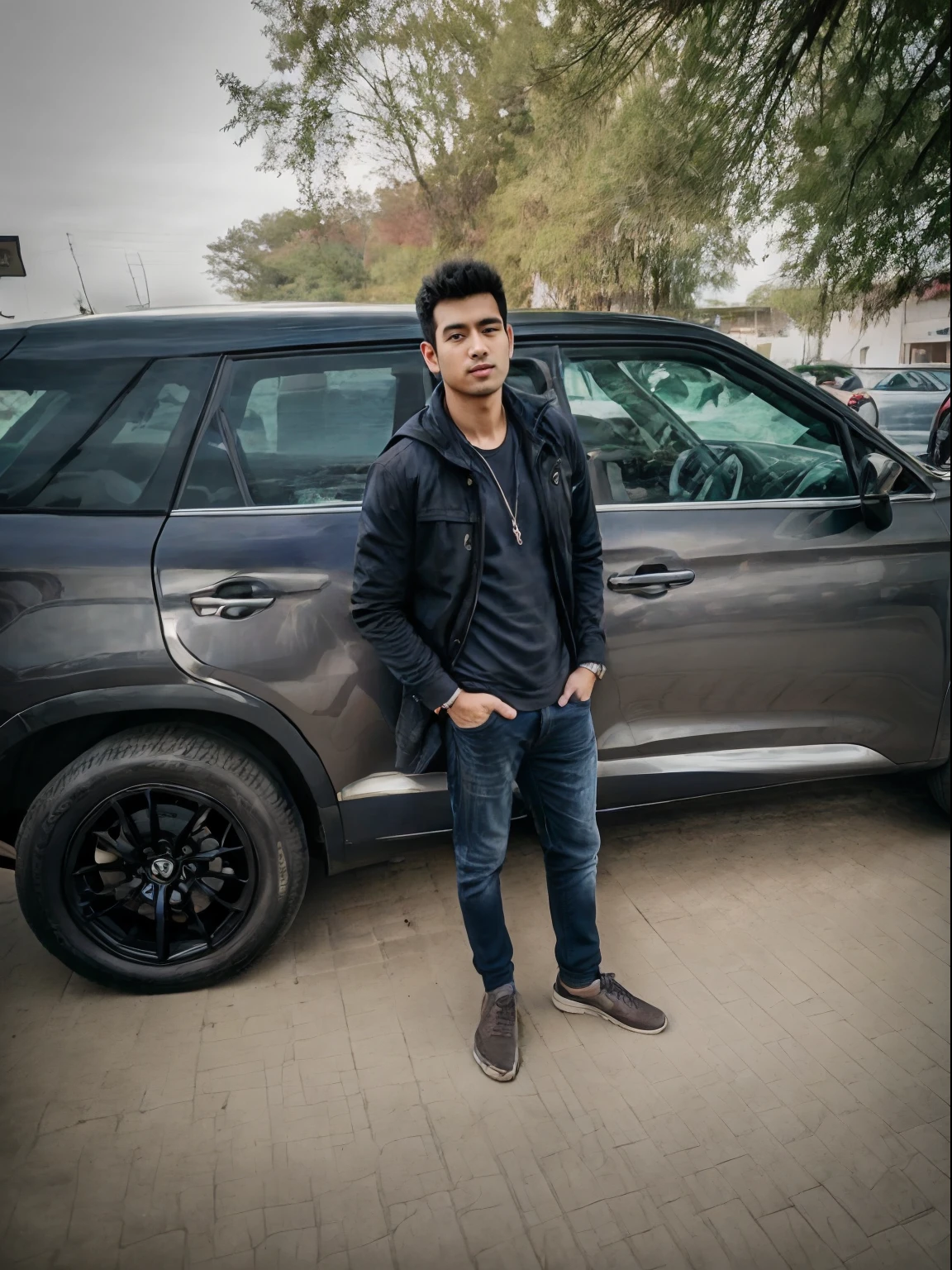 arafed man standing in front of a car with a camera, nivanh chanthara, candid picture, taken with sony alpha 9, handsome man, full body photogenic shot, photo taken in 2 0 2 0, with lovely look, very artistic pose, with a cool pose, full body picture, khyzyl saleem, shot on nikon z9