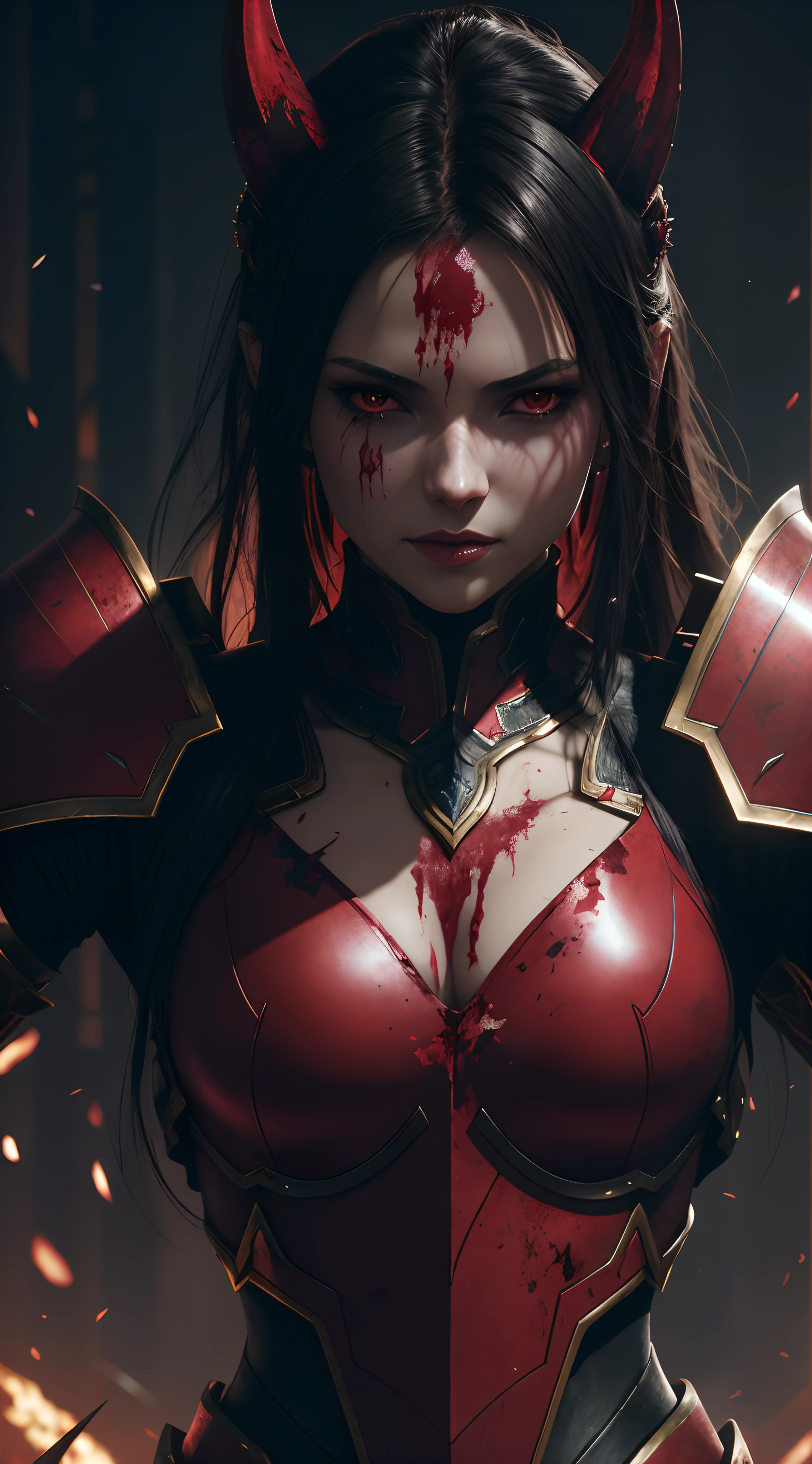 Close-up of a woman with horns and blood on her chest, wojtek fus, trending on artstationh:3, wlop rossdraws, lady in red armor, Blood Knight, chengwei pan on artstation, 3 D rendering character art 8 K, 2. 5 D CGI anime fantasy artwork, Art germ ; 3d unreal engine