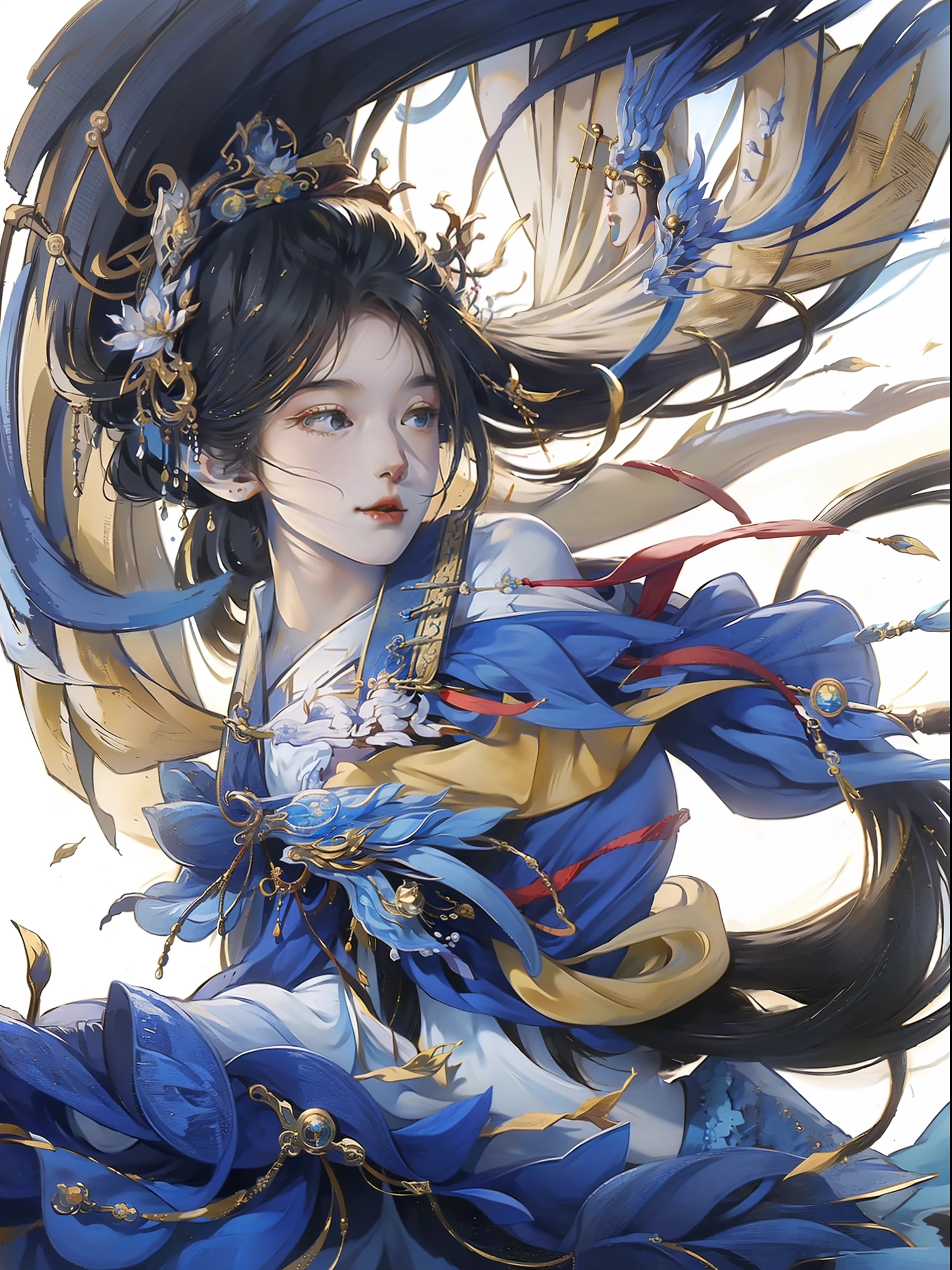 one-girl, Ancient Chinese clothing,Blue and yellow dragon robes, rays of sunshine, Clear face,A half body, Clean white background, tmasterpiece, super detailing, Epic composition, hyper HD, high qulity, extremely detaile, offcial art, Uniform 8K wallpaper, super detailing, 32K ,3D Live Effects -- v 6