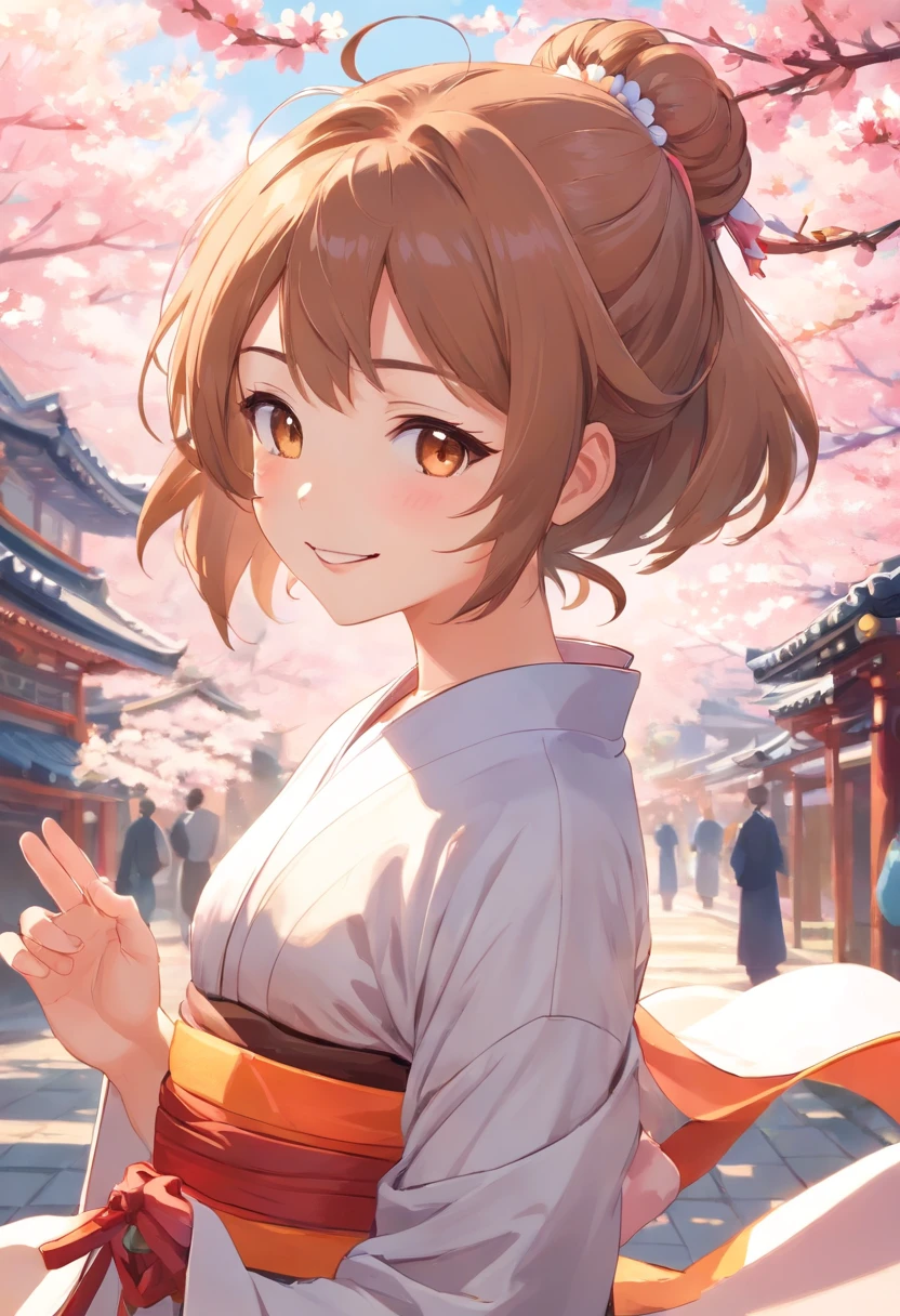 Japan idol girl,Add a motion blur effect to simulate motion,hight resolution,Girls Elegant Kimono,Floral kimono on shiny fabric,Ponytail,flying hair,extremely delicate and beautiful face,Cherry Blossom Hair Ornament,Dance a fierce Japan dance at,Under the cherry blossoms with fluttering petals,Spread your arms、Place one hand in front of you,Beautiful hands,Beautiful Finger,Full body shot,Glossy light brown and orange striped shorthair,Cute smile,Perfect round face,A cheerful smile that makes the viewer happy,Proper body proportion,Beautiful hands,Beautiful fingers,Detailed finger features,detailed clothes features,Detailed hair features,detailed facial features,