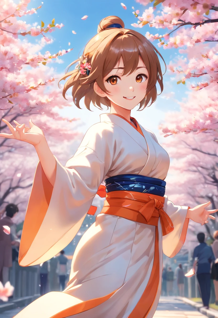 Japan idol girl,Add a motion blur effect to simulate motion,hight resolution,Girls Elegant Kimono,Floral kimono on shiny fabric,Ponytail,flying hair,extremely delicate and beautiful face,Cherry Blossom Hair Ornament,Dance a fierce Japan dance at,Under the cherry blossoms with fluttering petals,Spread your arms、Place one hand in front of you,Beautiful hands,Beautiful Finger,Full body shot,Glossy light brown and orange striped shorthair,Cute smile,Perfect round face,A cheerful smile that makes the viewer happy,Proper body proportion,Beautiful hands,Beautiful fingers,Detailed finger features,detailed clothes features,Detailed hair features,detailed facial features,