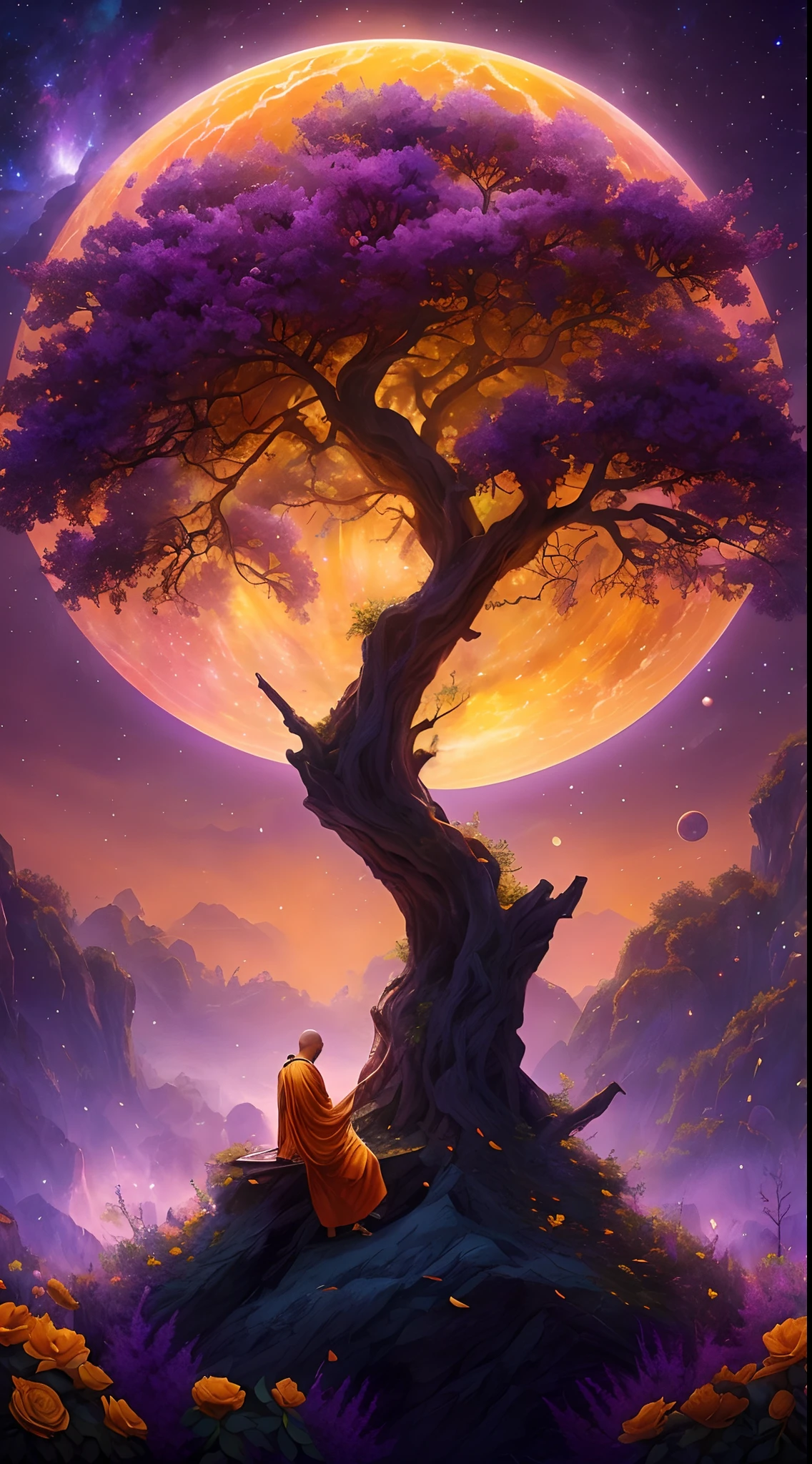 Close up, expansive landscape photograph , (a view from below that shows sky above and open field below), A Buddhist monk walking on stone steps in yellow Peony flower garden looking up, ( comet:0.9), (nebula:1.3), distant Wetland, BREAK production art, (warm light source:1.3), lamp, lot of purple and orange, intricate details, volumetric lighting, realism BREAK (masterpiece:1.2), (best quality), 4k, ultra-detailed, (dynamic composition:1.4), highly detailed, colorful details,( iridescent colors:1.2), (glowing lighting, atmospheric lighting), dreamy, magical, (solo:1.2), magical beautiful waterfall, misty