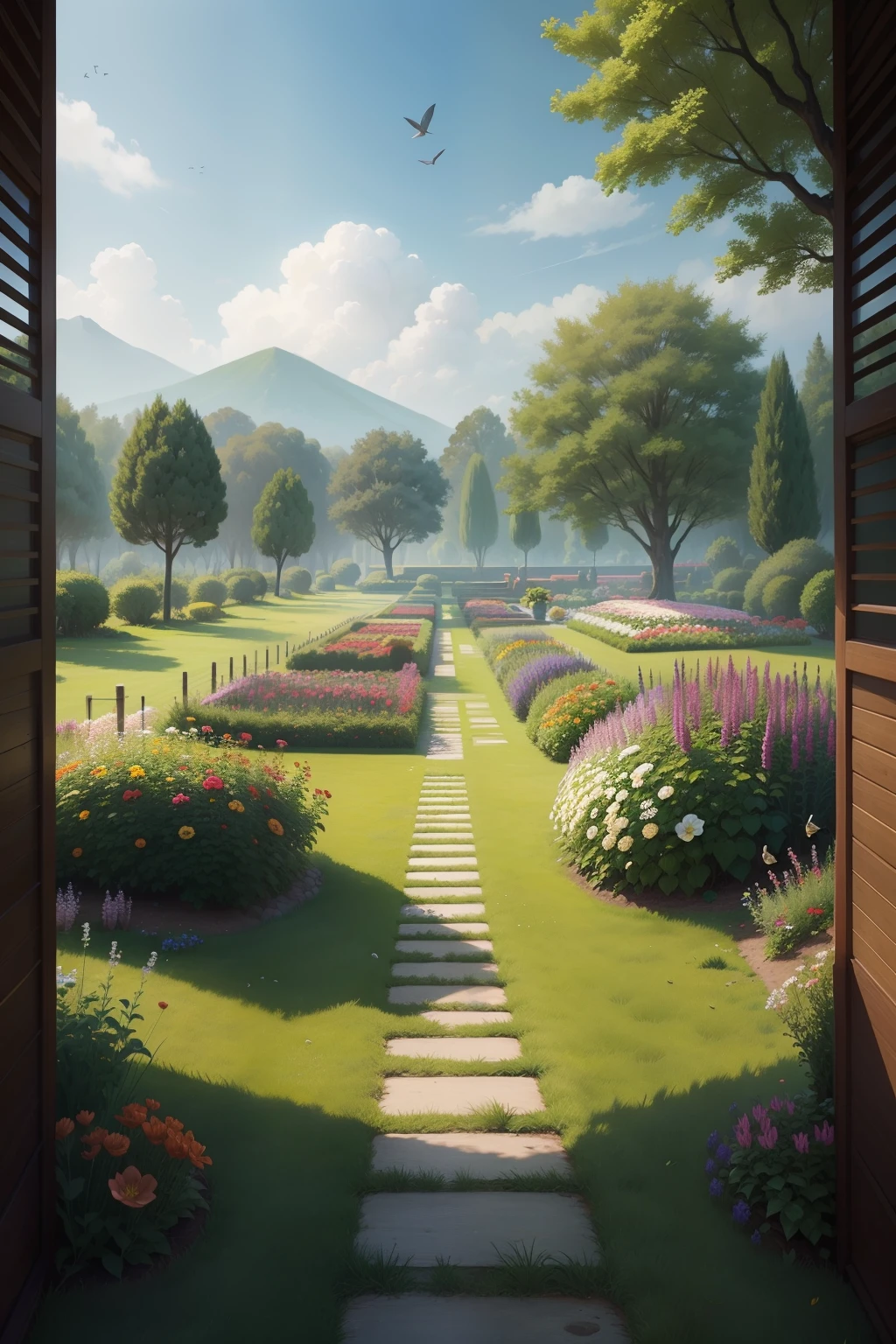 flowers, lots of flowers, garden, grass, trees, trees, lines, wildlife, birds, insects, oriental classics