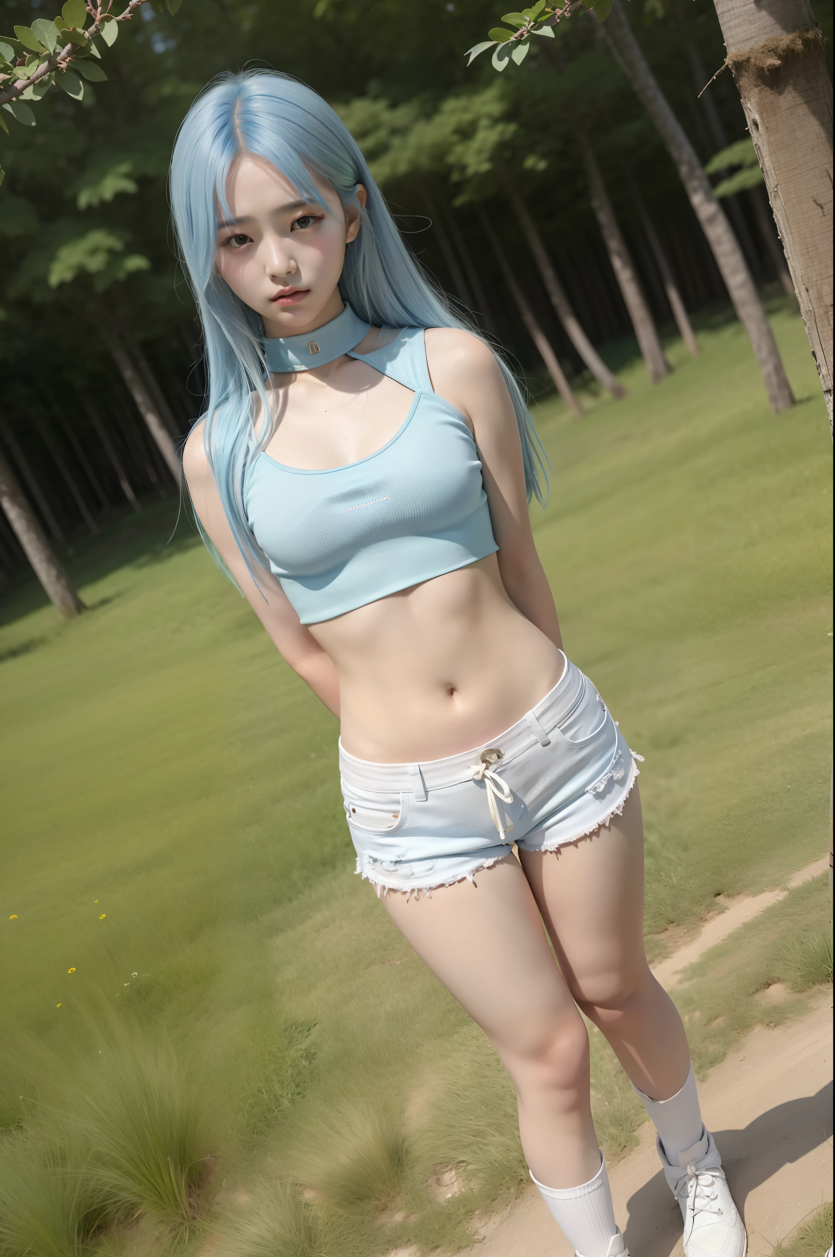 full body, A korean young girl in a fantasy world, yo, 15orean young girl is in a field, fantasy field, small breast, petite figure, long light blue hair, tight white bikini that expose midriff, midriff exposed, white low waist shorts, small tits, ((thin-waist)), a small face