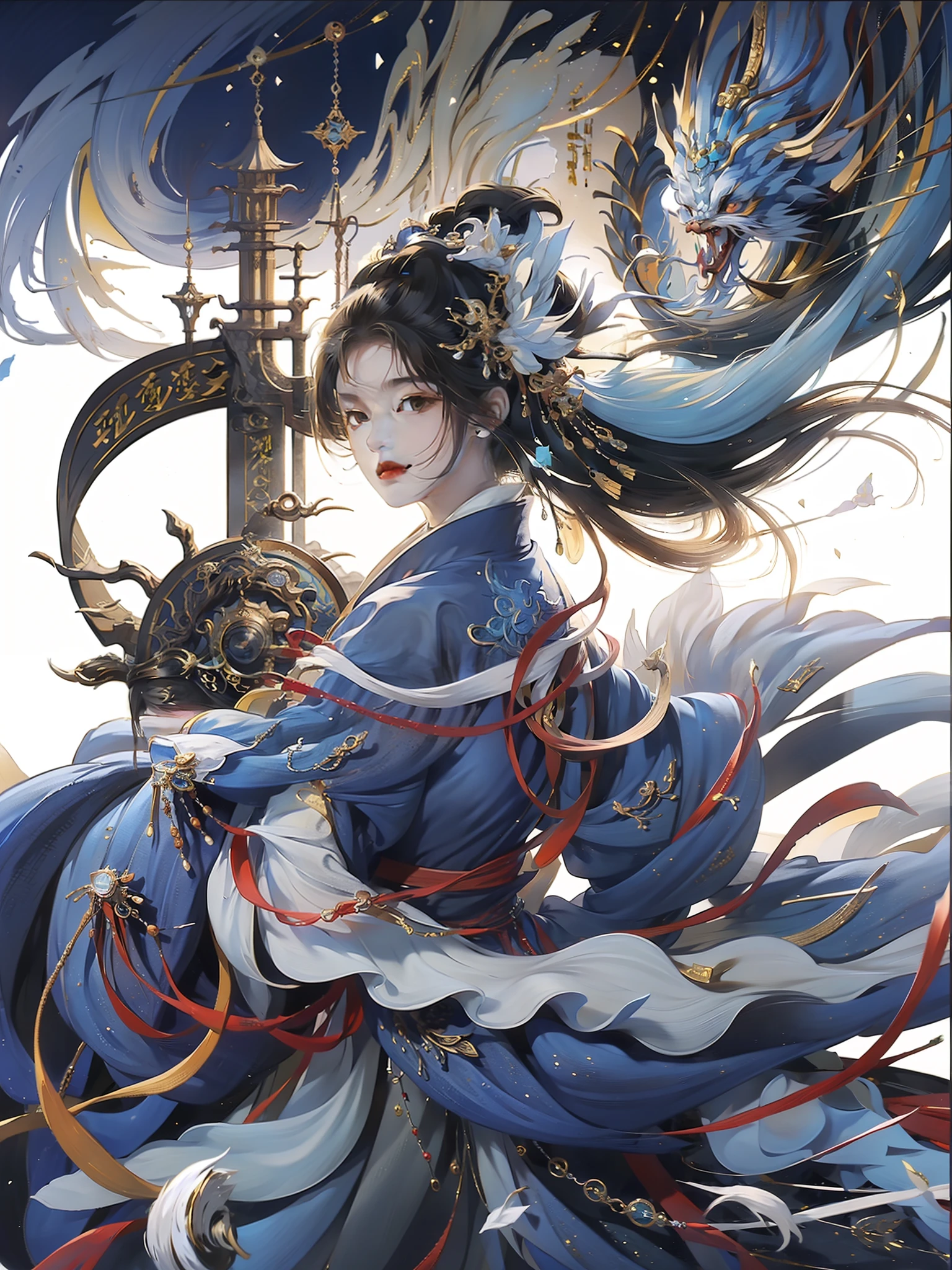 one-girl, Ancient Chinese clothing,Blue and yellow dragon robes, rays of sunshine, Clear face,A half body, Clean white background, tmasterpiece, super detailing, Epic composition, hyper HD, high qulity, extremely detaile, offcial art, Uniform 8K wallpaper, super detailing, 32K ,3D Live Effects -- v 6