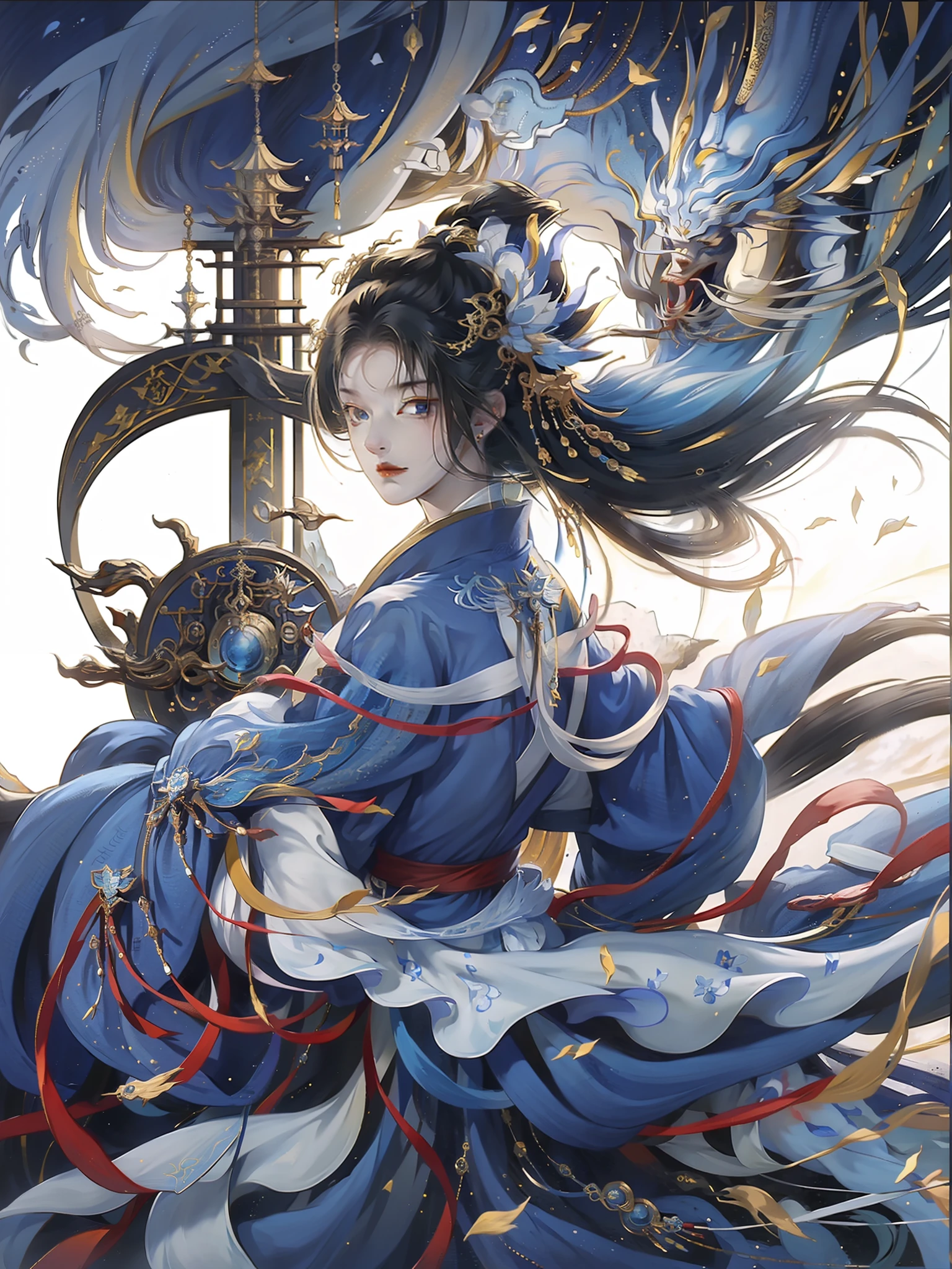 one-girl, Ancient Chinese clothing,Blue and yellow dragon robes, rays of sunshine, Clear face,A half body, Clean white background, tmasterpiece, super detailing, Epic composition, hyper HD, high qulity, extremely detaile, offcial art, Uniform 8K wallpaper, super detailing, 32K ,3D Live Effects -- v 6