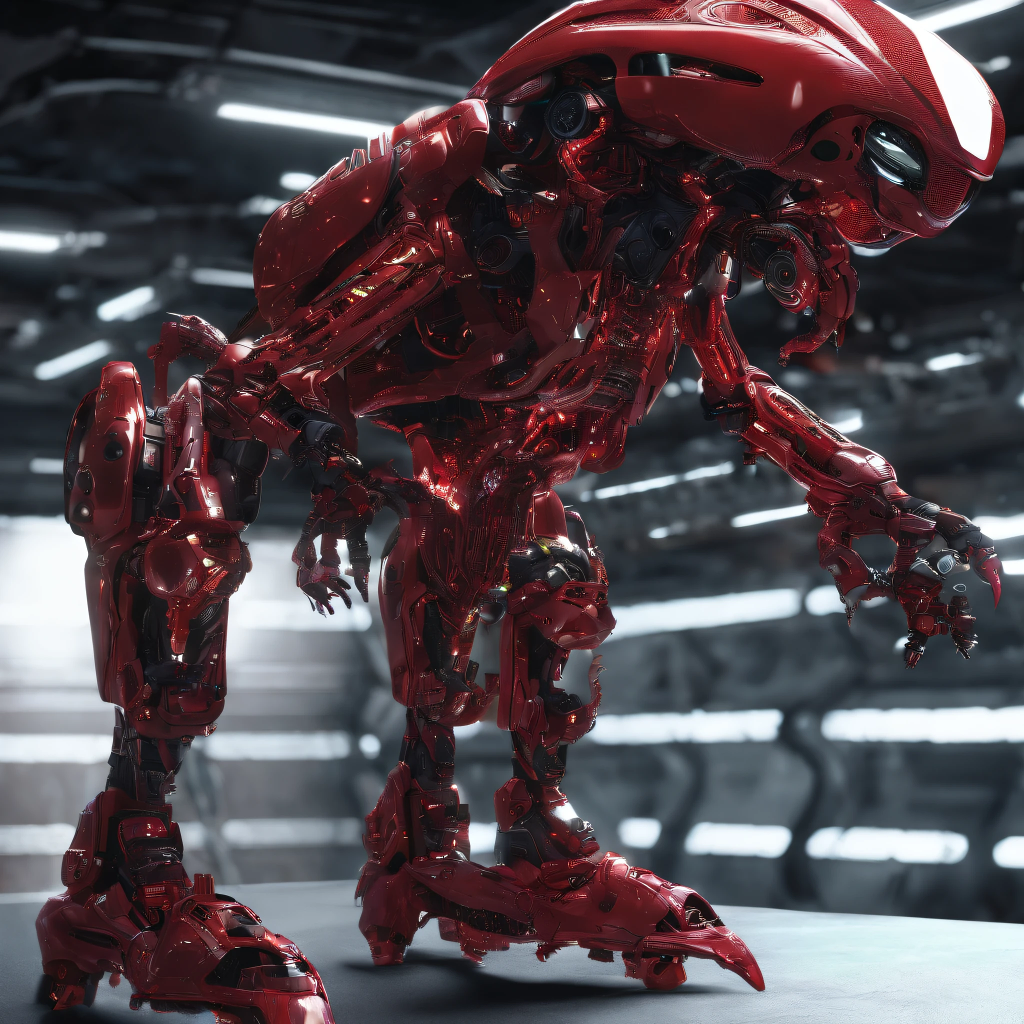 An alien,full bodyesbian,Humanoid,mechs,(Wearing a crimson zirconia ceramic surface mech:1.5),(((Hard surface properties))),(((streamlined line design))),It has refined features in a sci-fi environment,with light glowing, Sparks and lights, best qualtiy,tmasterpiece,Photorealsitic, Highly detailed, iintricate,unreal 5 render,