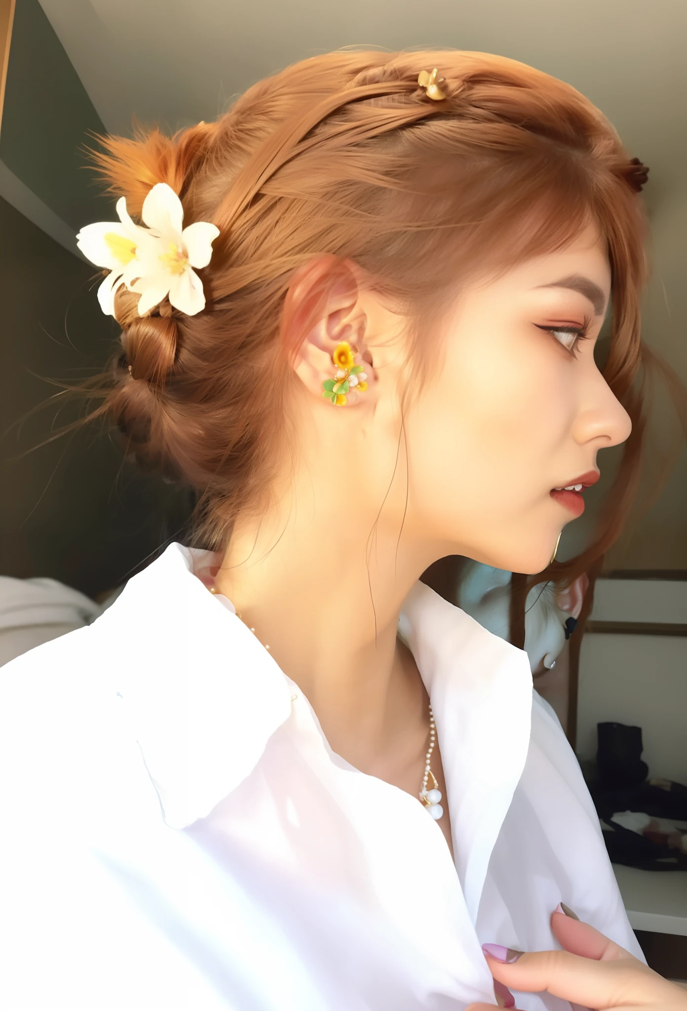 there is a woman with a flower in her hair, earring, with small studded earings, gauged ears, wearing ornate earrings, multiple earrings, piercing, flower in her hair, small studded earings, 19-year-old girl, floeers in hair, girl with messy bun hairstyle, wearing pearl earrings, flower in hair