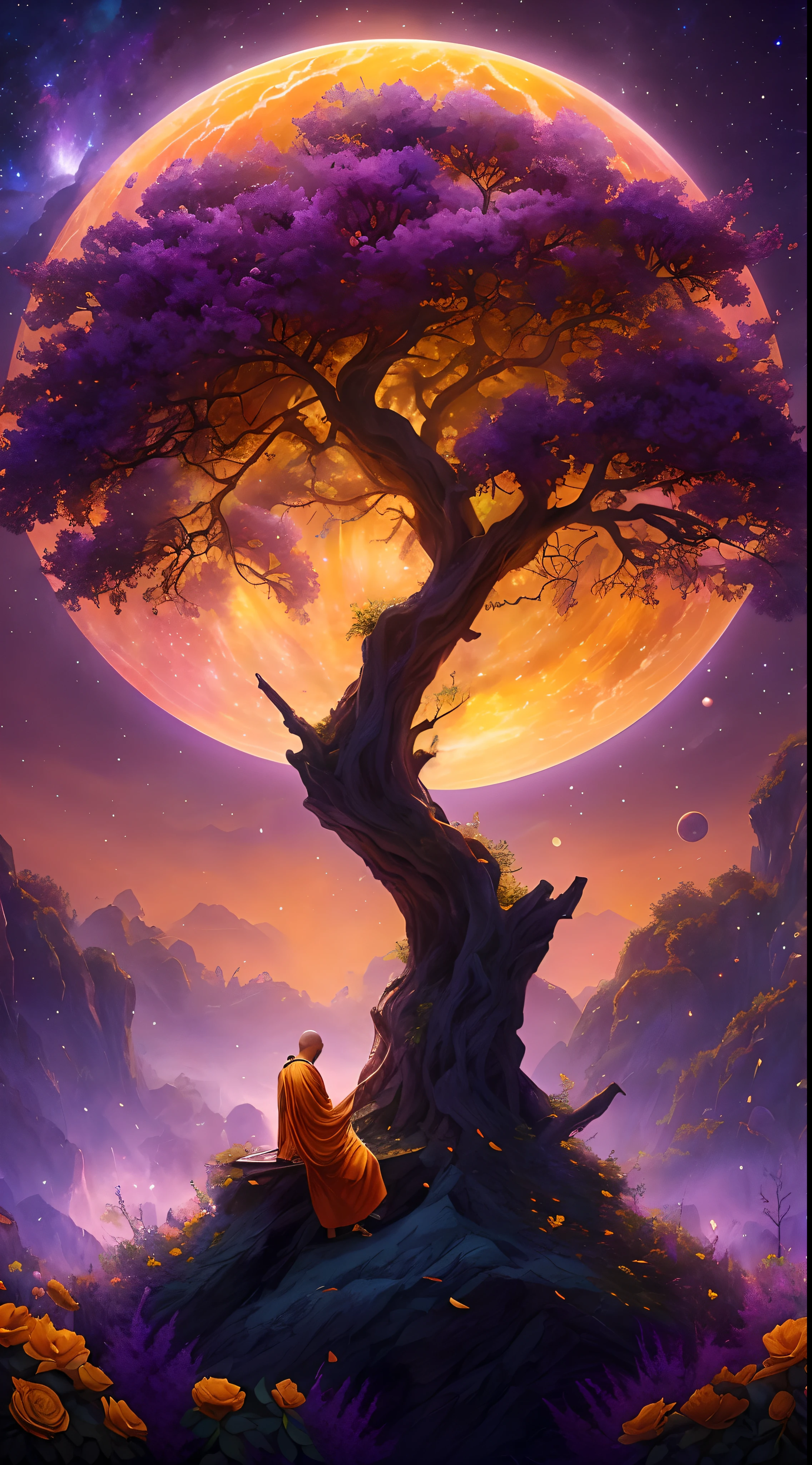 Close up, expansive landscape photograph , (a view from below that shows sky above and open field below), A Buddhist monk walking on stone steps in yellow Peony flower garden looking up, ( comet:0.9), (nebula:1.3), distant Wetland, BREAK production art, (warm light source:1.3), lamp, lot of purple and orange, intricate details, volumetric lighting, realism BREAK (masterpiece:1.2), (best quality), 4k, ultra-detailed, (dynamic composition:1.4), highly detailed, colorful details,( iridescent colors:1.2), (glowing lighting, atmospheric lighting), dreamy, magical, (solo:1.2), magical beautiful waterfall, misty