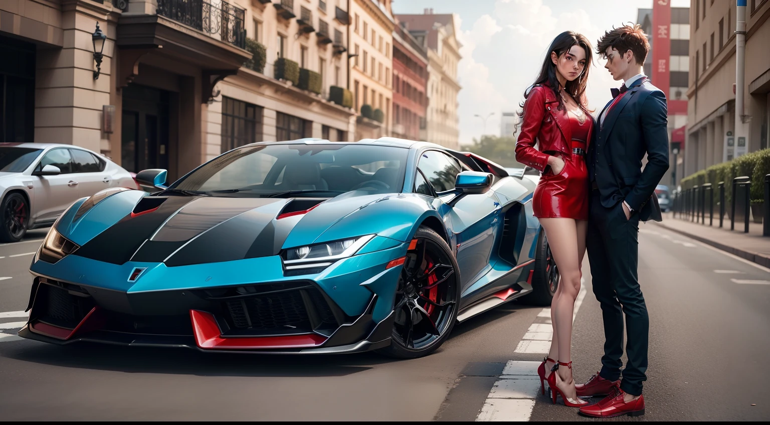 Red and blue colour lamborguini car,five star hotel in background,part of swiming pool in right to the car with a young man with short spiky hair with girl have long hair
