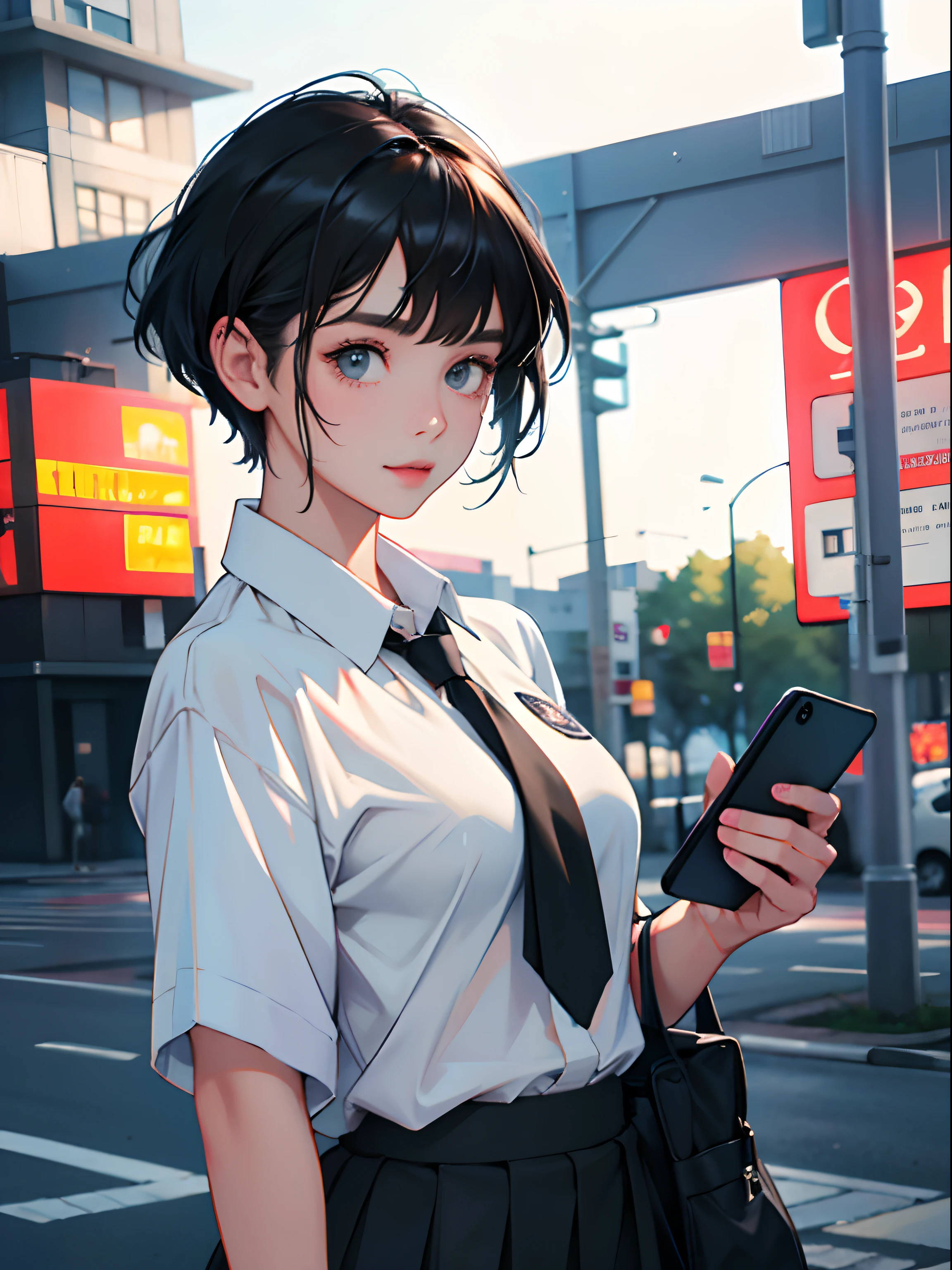 15 years old young girl : 1.3, Short black hair: 1.2, Casual wear: 1.2, Daytime: 1.2,on the campus: 1.2,in school uniform:1.2, Play game 1 with your phone.2，Happy 1.2，cinmatic lighting, surrealism, hyper HD, ccurate, Super detail, Textured skin, High detail, Best quality, 8K,