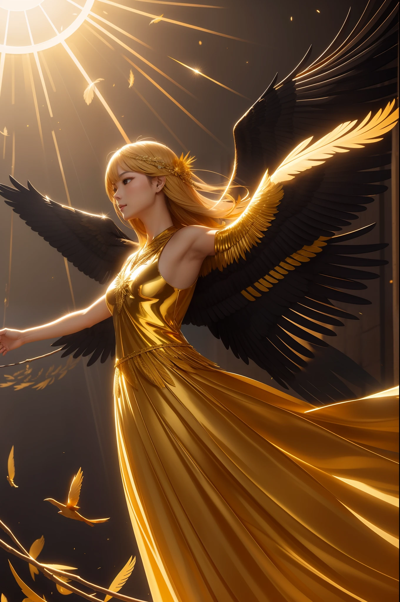 ((Brilliantly shining))、Golden body、Spreading feathers that shine in gold、crows、lead、Messenger of God
