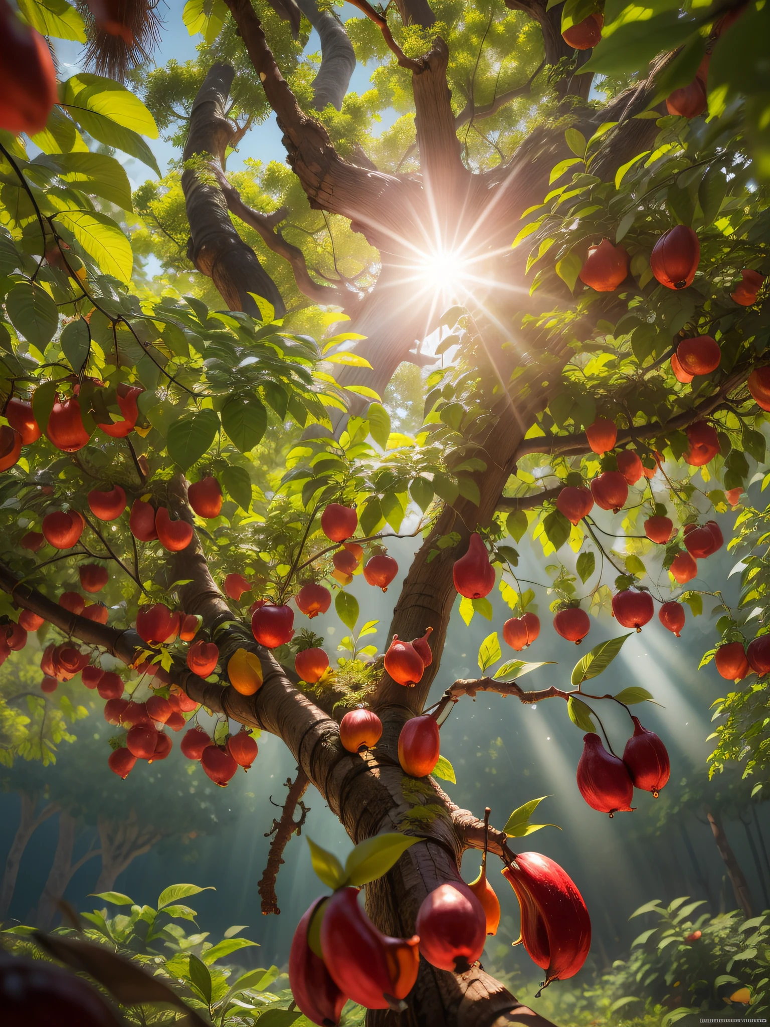 The backlit environment looks at the red cashew fruit growing on the tree,Sunlight shines through the gaps in the leaves,tmasterpiece,Advertising photography effects, Real details, 8K
